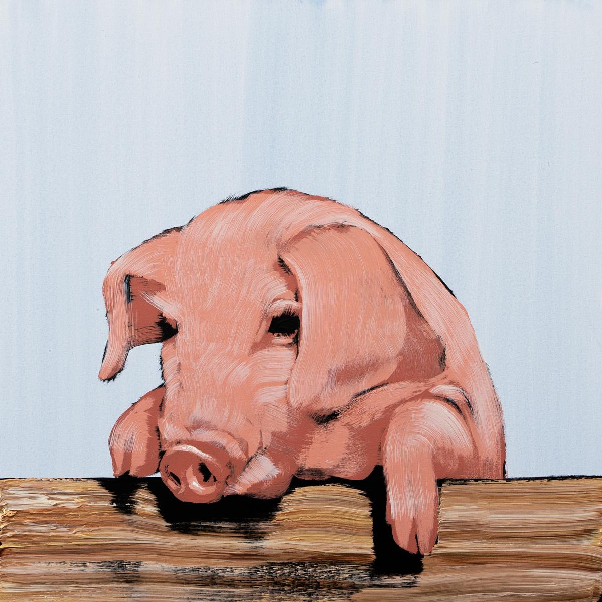 Happy Pig on Fence with Blue - Painting by Josh Brown