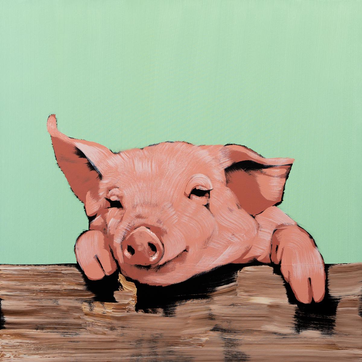 Happy Pig on Fence with Green - Painting by Josh Brown