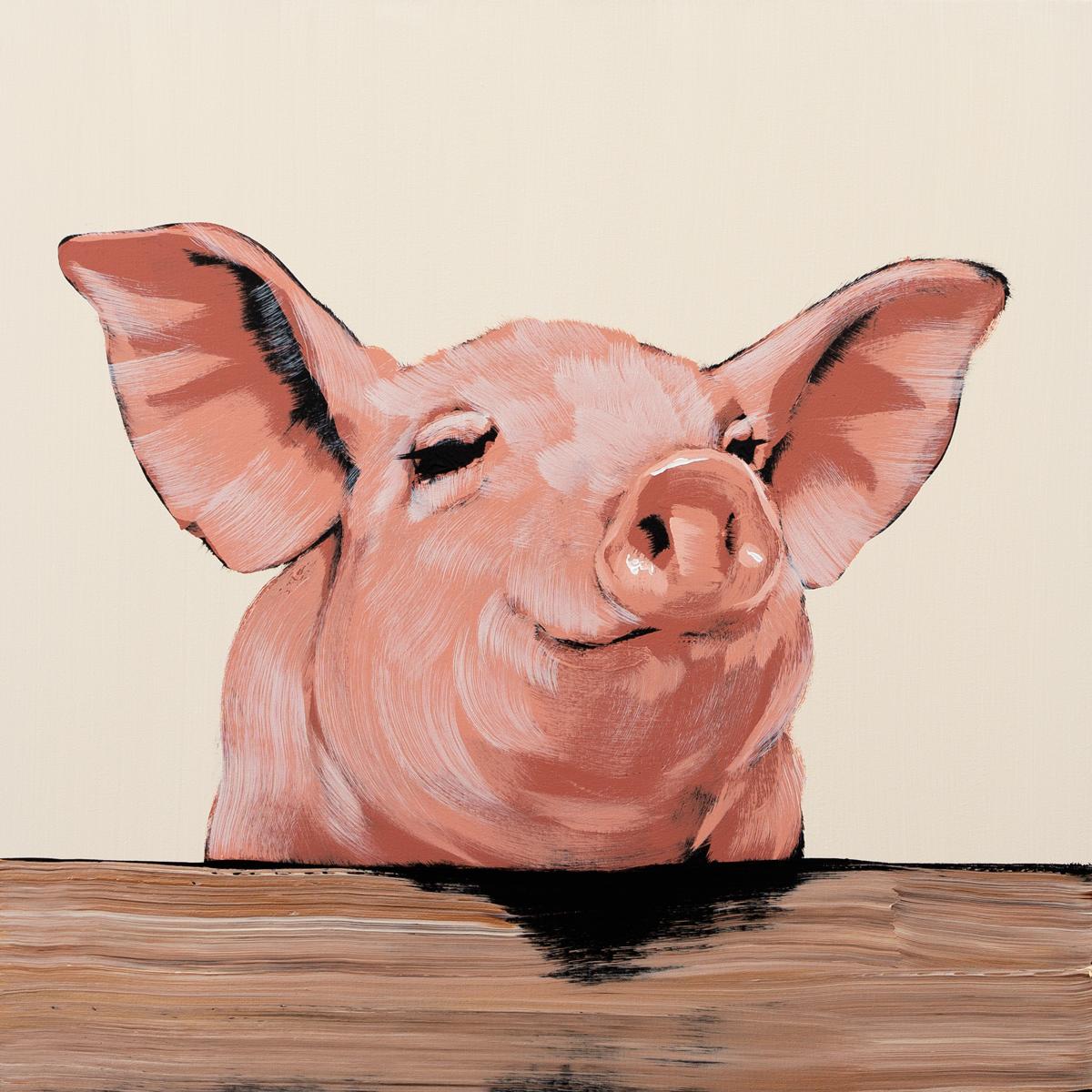 Happy Pig on Fence with Tan - Painting by Josh Brown
