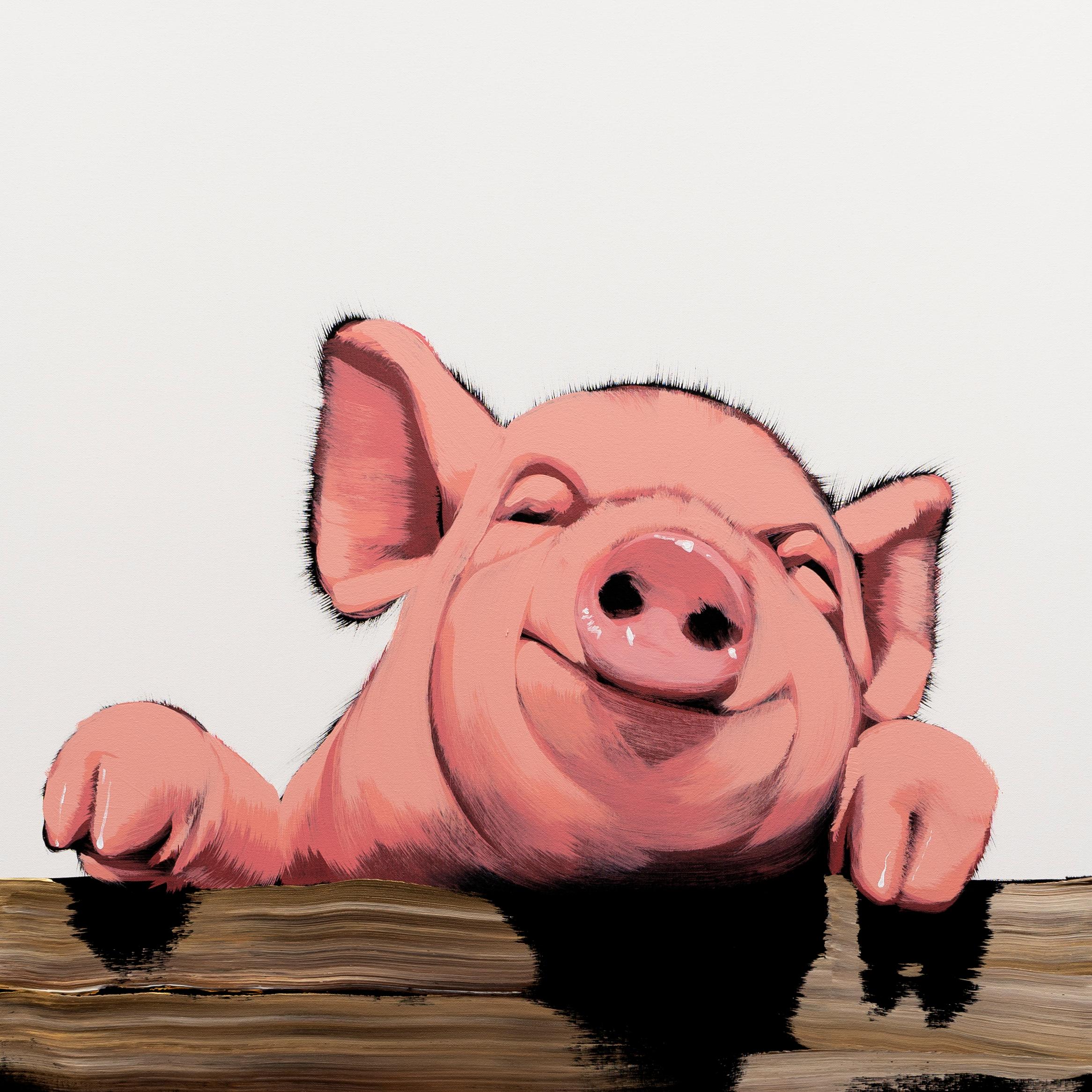 Happy Pig on Fence mit weißem Zaun – Painting von Josh Brown