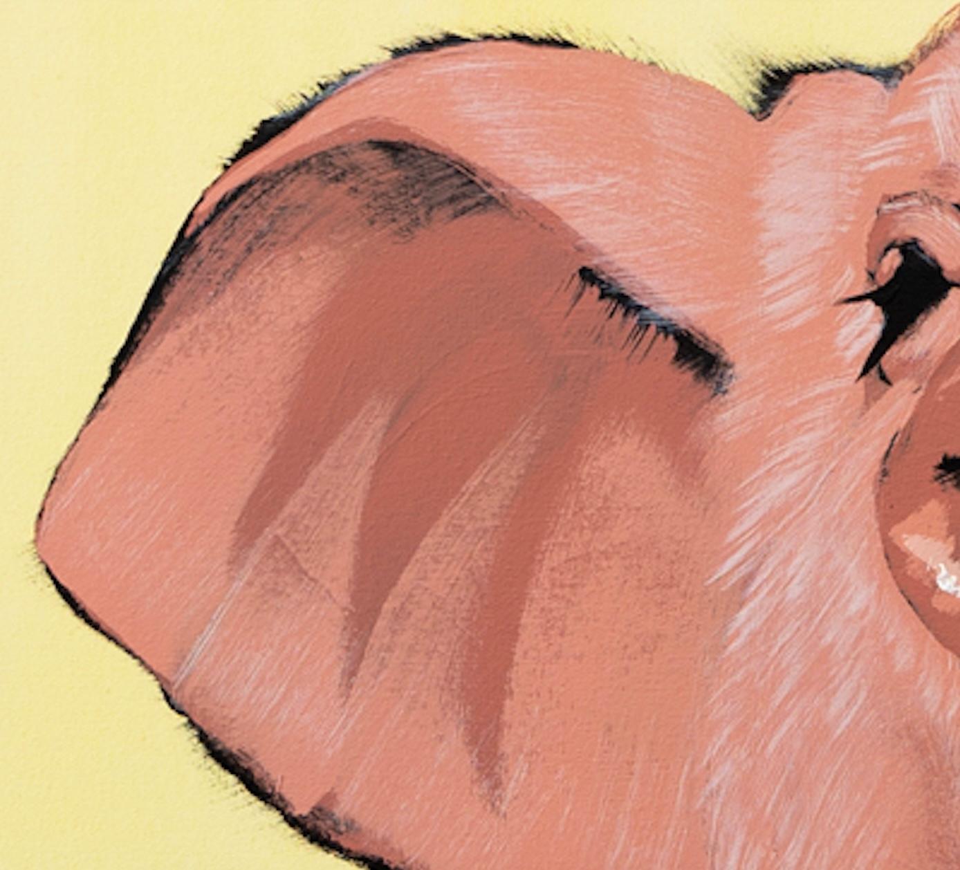 Happy Pig on Fence with Yellow - Contemporary Painting by Josh Brown