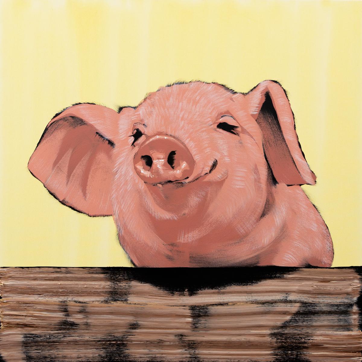 Happy Pig on Fence mit gelbem Schild – Painting von Josh Brown