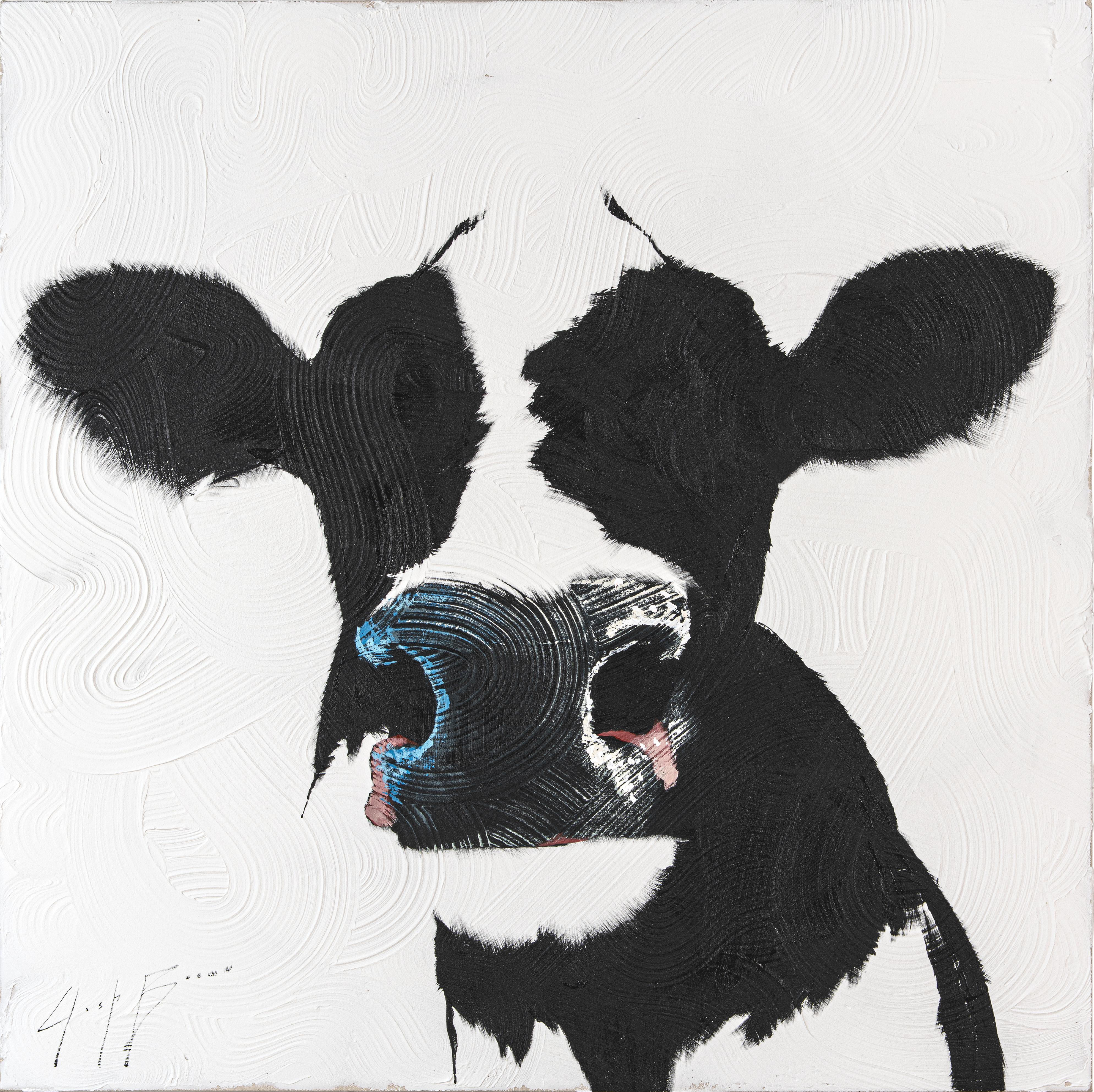 Josh Brown Animal Painting – Unsichtbare Kuh auf White Swirl