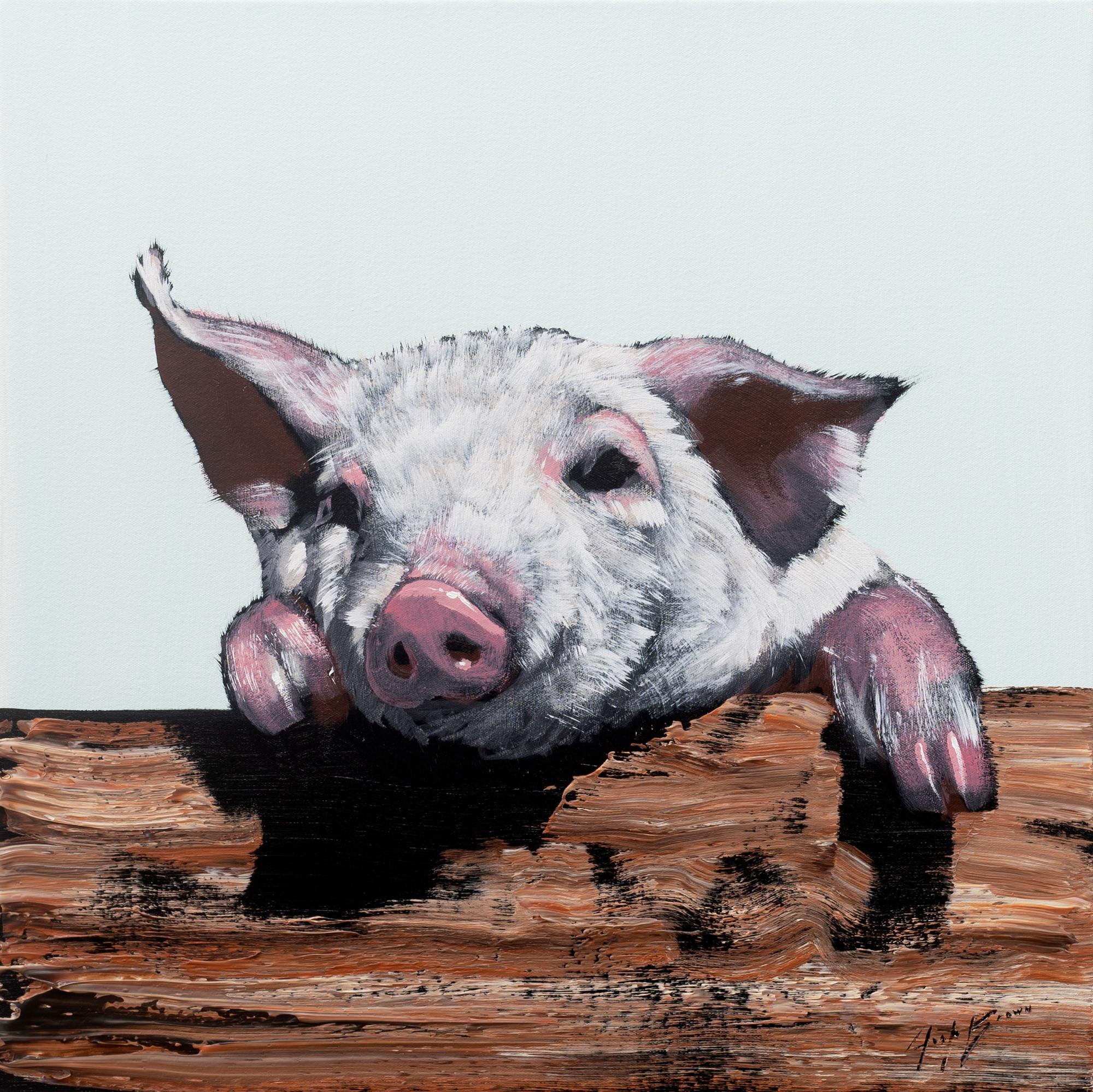 Pig on Fence 1 - Painting by Josh Brown