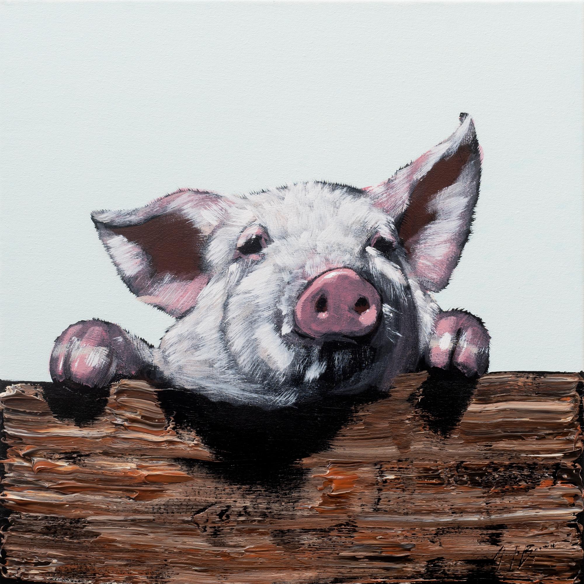 Pig on Fence 3 - Painting by Josh Brown