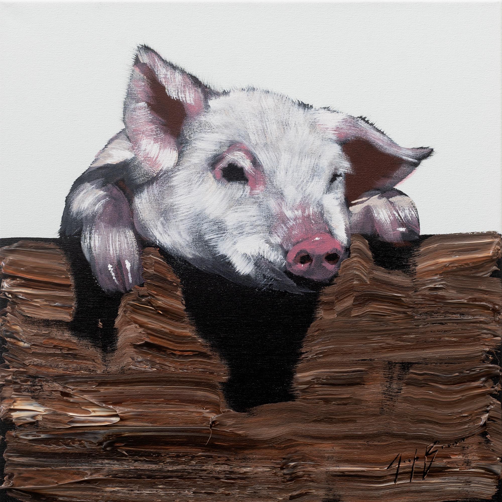 Pig on Fence 4 - Painting by Josh Brown