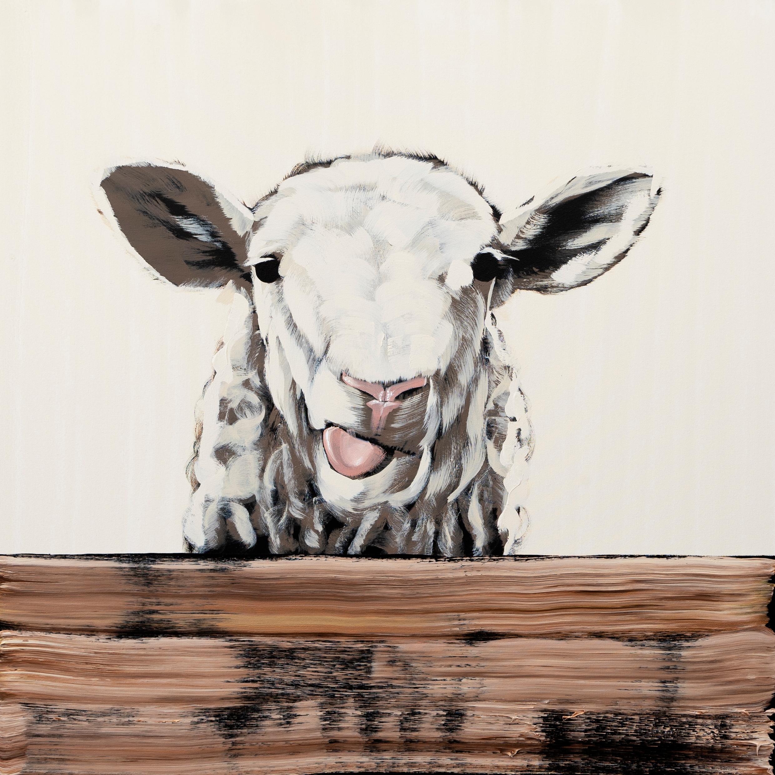 	 Sheep on Fence with Tongue Out on Tan - Painting by Josh Brown
