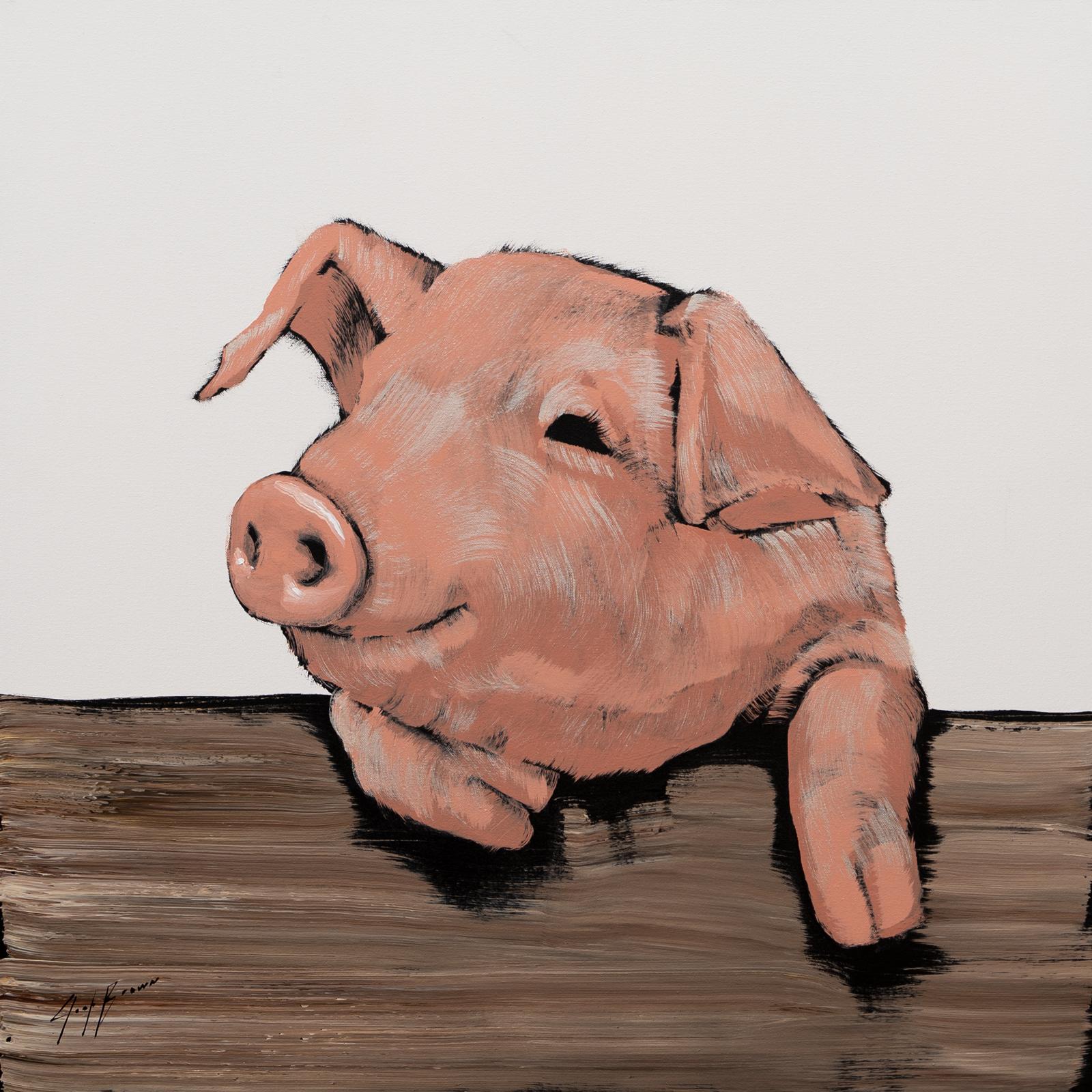 Silver-Haired Pig on White 3 - Painting by Josh Brown
