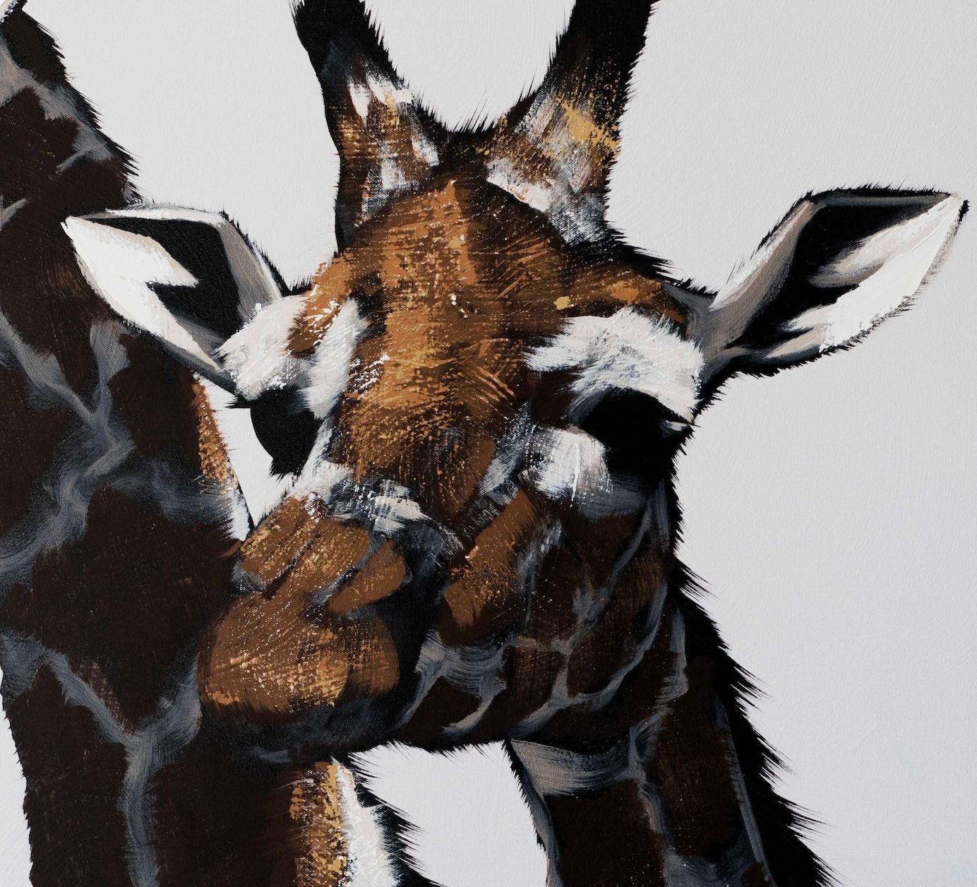 Three Giraffe on White - Gray Animal Painting by Josh Brown