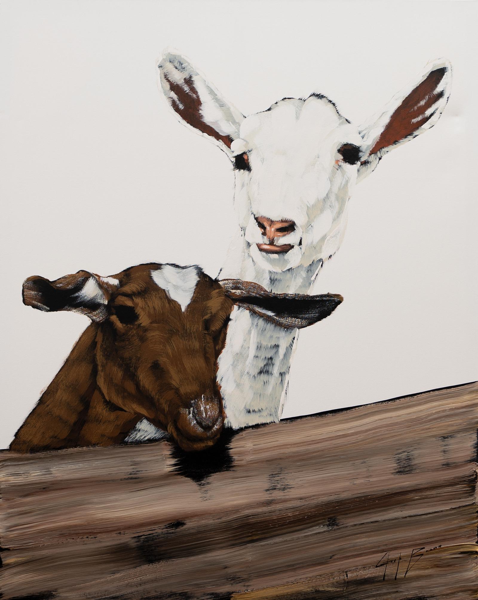 Two Goats on White - Painting by Josh Brown