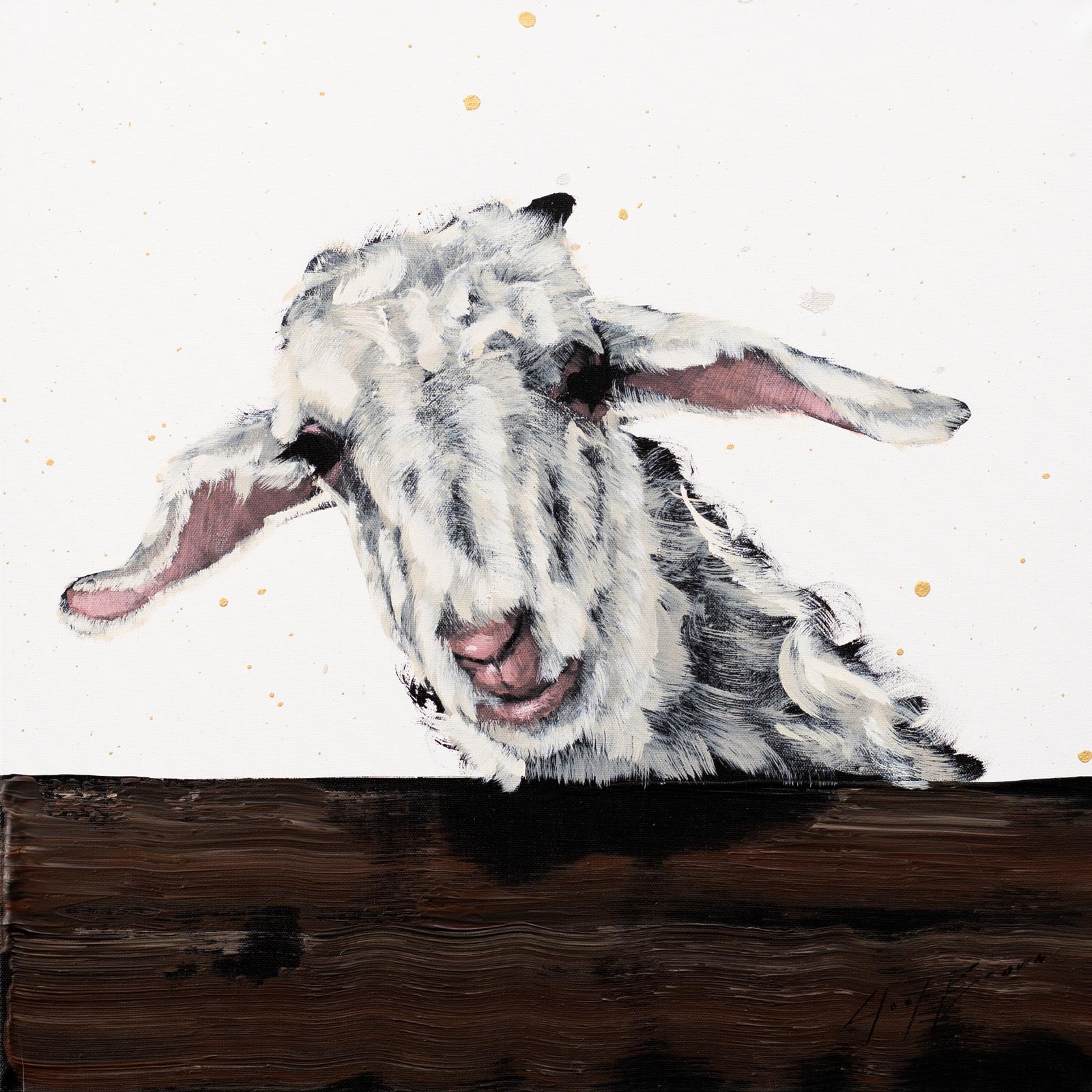 White Goat on Fence - Painting by Josh Brown