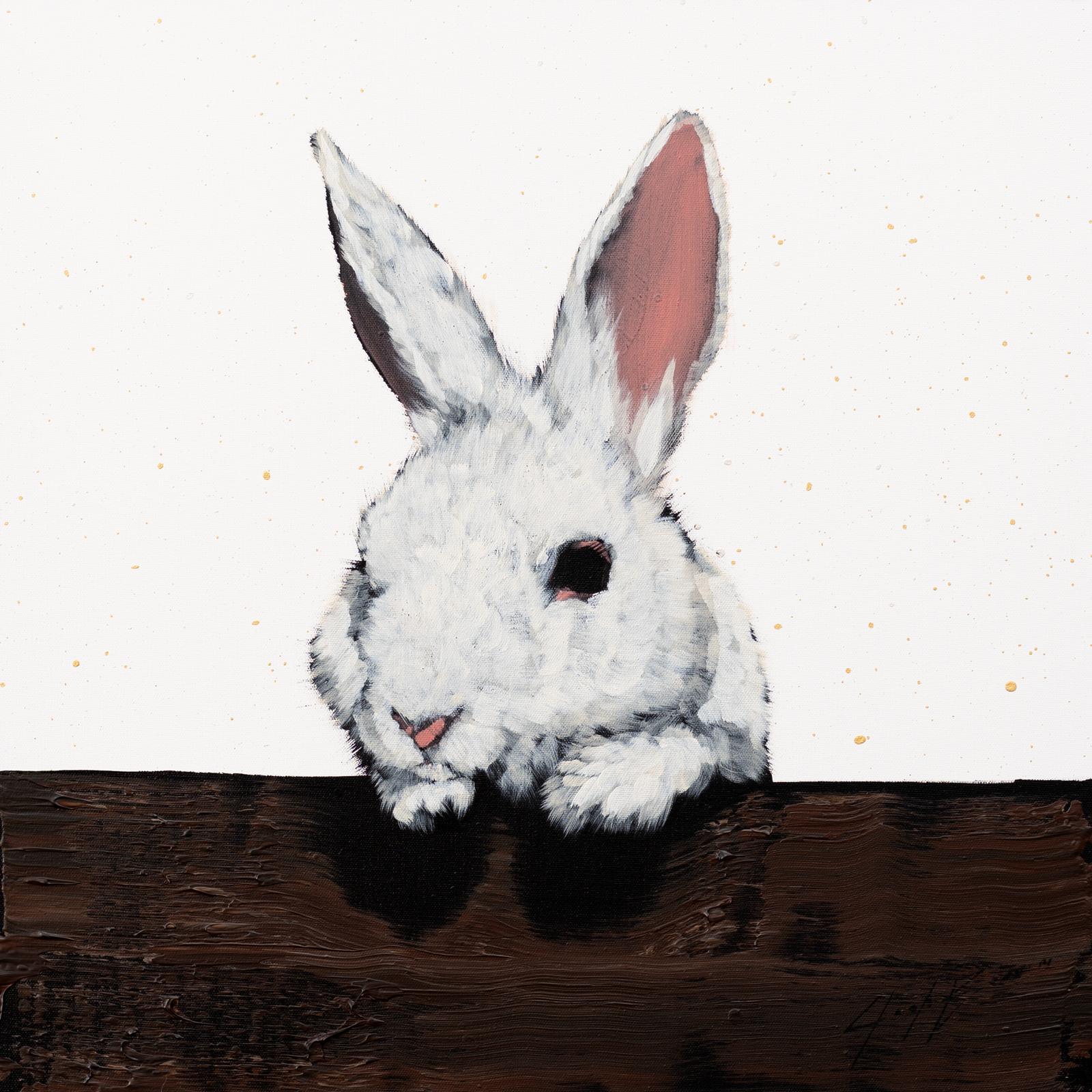 White Rabbit on Fence - Painting by Josh Brown