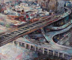 "Un livello di organizzazione" di Josh George, pittura a tecnica mista, paesaggio urbano