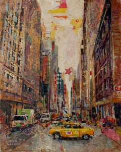 "Anytime, Anywhere" di Josh George, pittura a tecnica mista, paesaggio urbano con taxi
