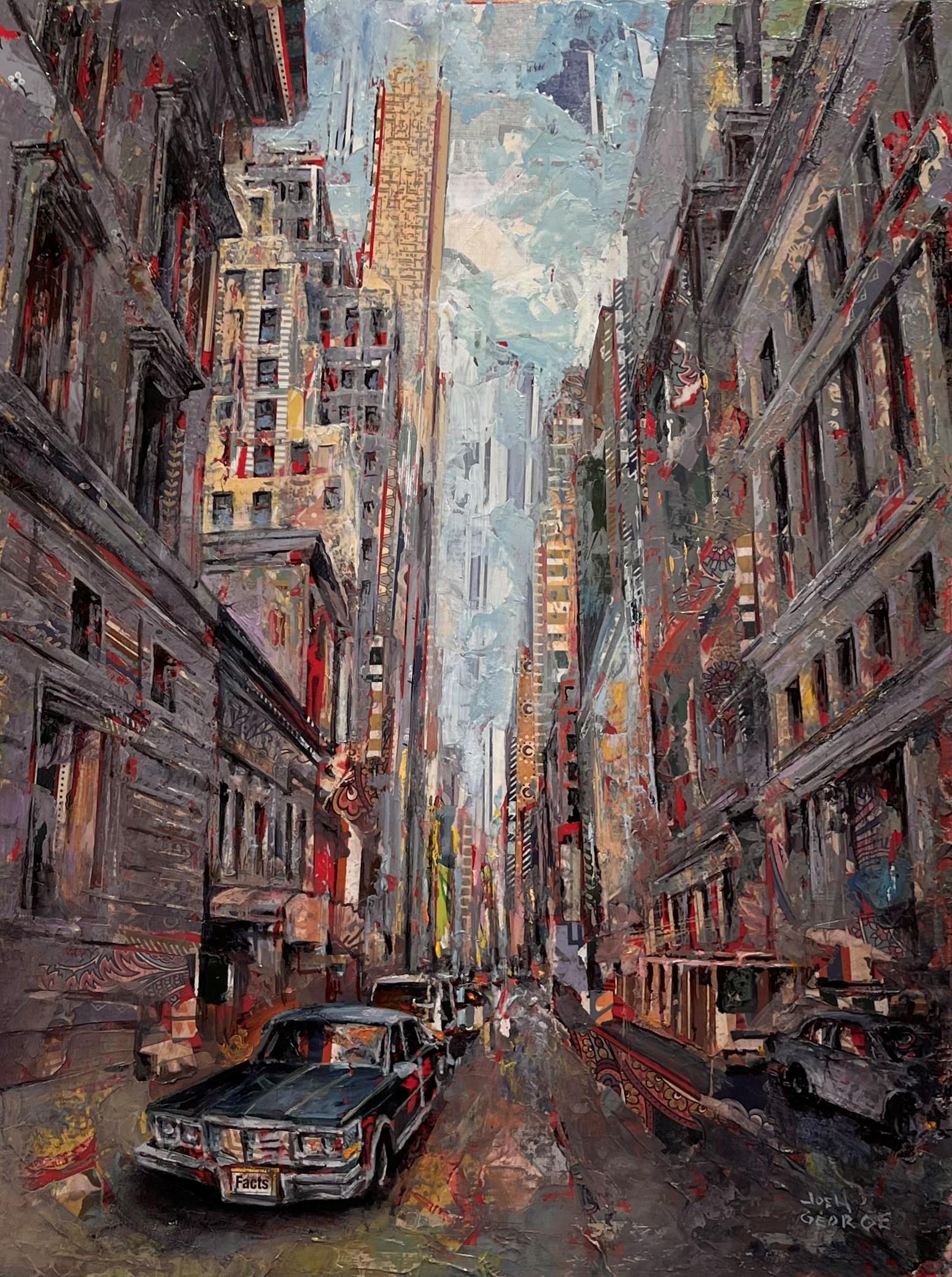 "Only a Cadillac Will Do" di Josh George, pittura a tecnica mista, paesaggio urbano