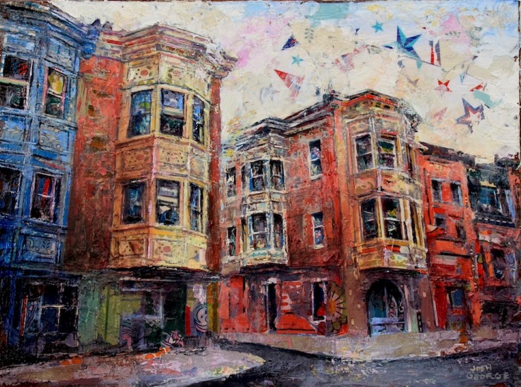 "The Queen's Formal Entrance" - Abstract Expressionist Cityscape, Mixed Media