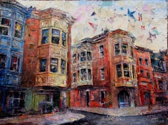 "L'ingresso formale della regina" di Josh George, pittura a tecnica mista, paesaggio urbano