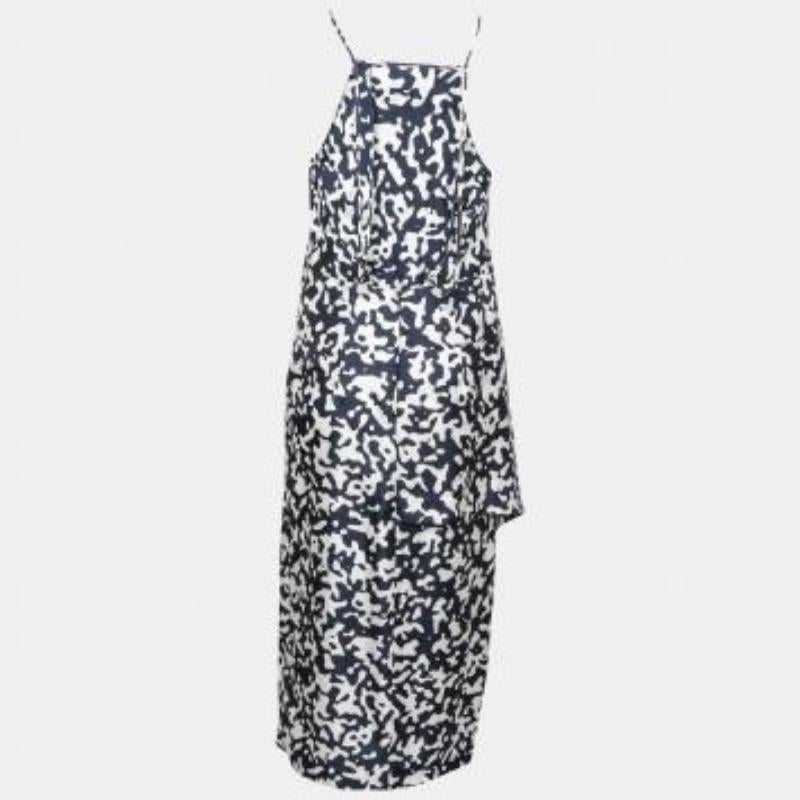 Josh Goot Vestido con volantes laterales de seda estampada en azul marino y blanco XS en venta 3