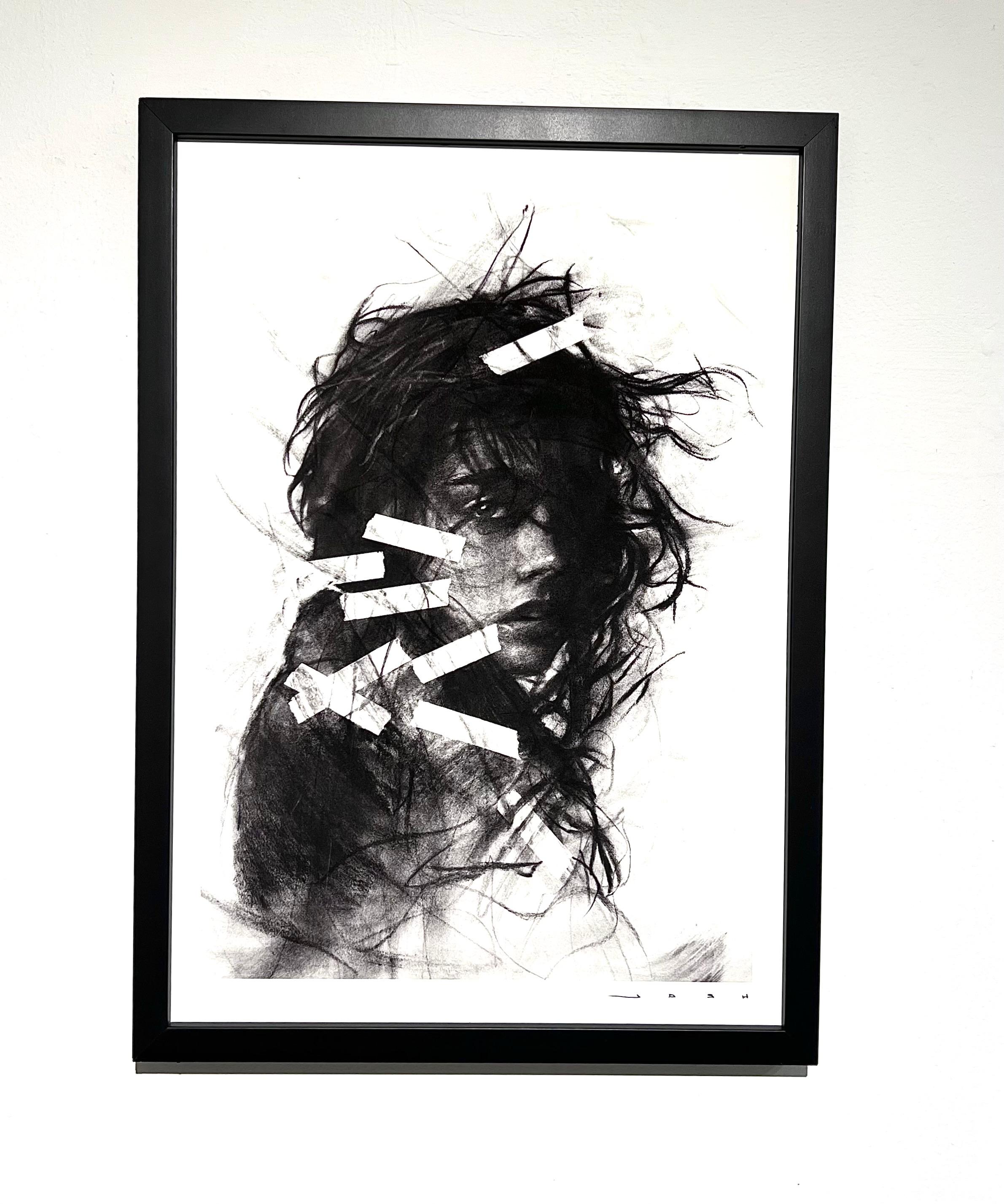 Josh Hernandez Portrait Print – zeitgenössisch figurativ schwarz-weiß Kohlestiftdruck Pop Art Interieur weiblich