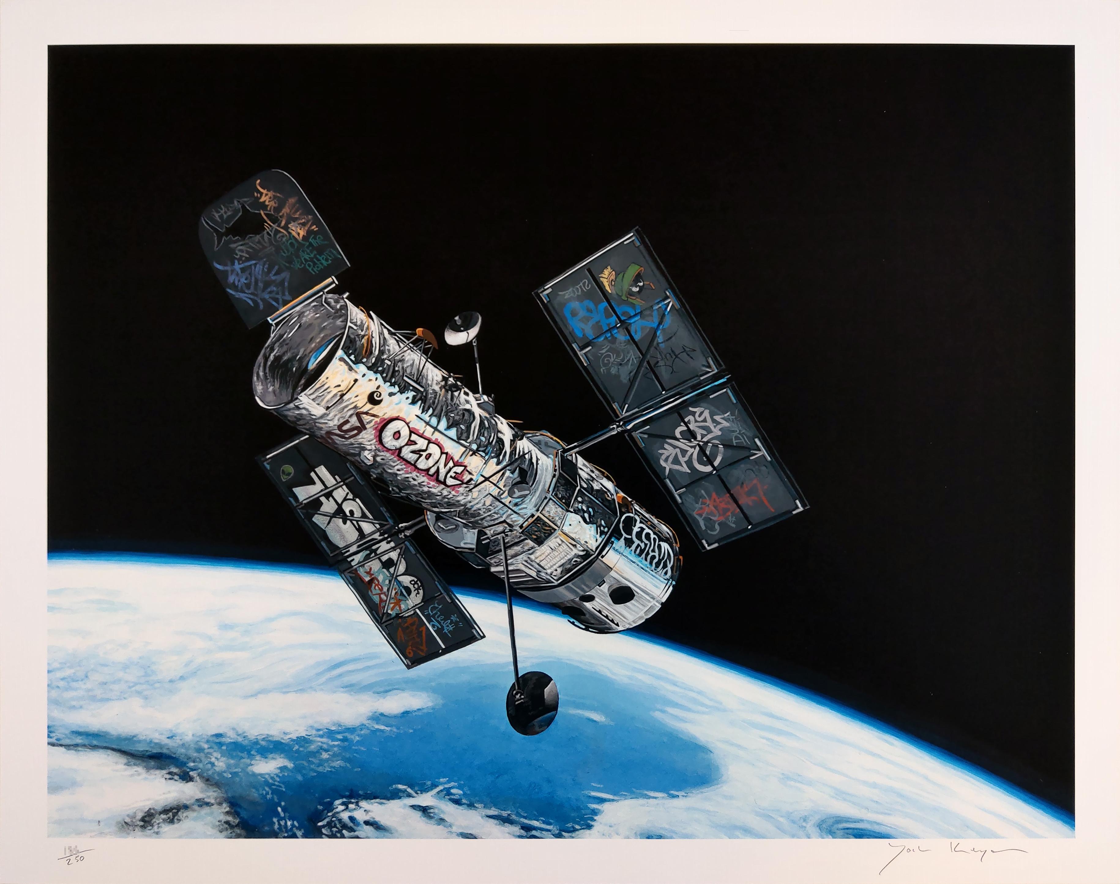 "Frontier I" by Josh Keyes. Hand signed and numbered by the artist. Limited Edition of 250. 

"The conception of both paintings rattled inside my mind for a few months before the image gelled. I spent some time watching footage of NASA missions and