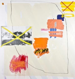 Untitled 16, white abstract mixed media painting, orange and yellow