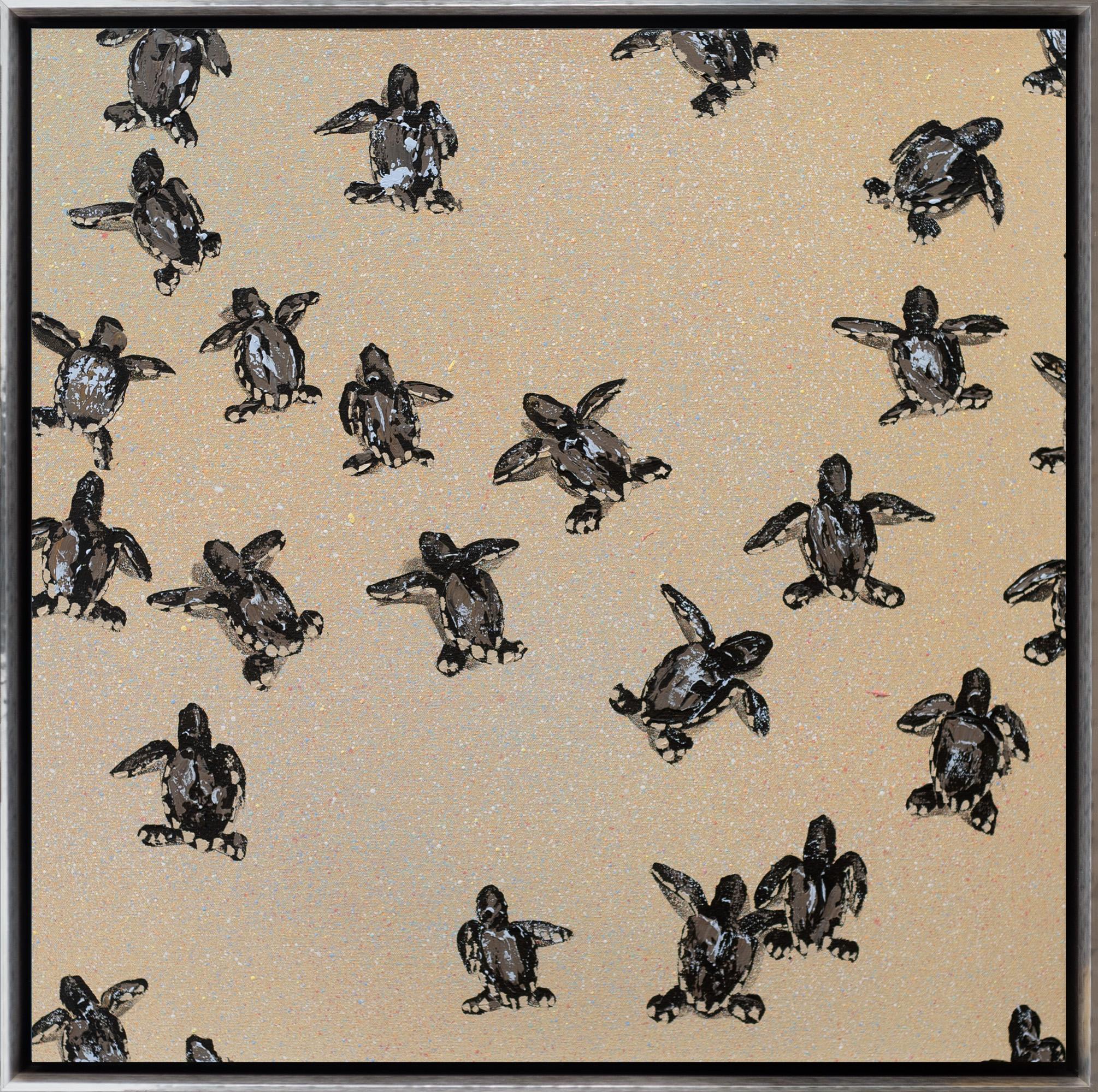 "Meeresschildkröten 1" Zeitgenössische Tiere Öl und Acryl auf Leinwand Gerahmte Malerei – Mixed Media Art von Joshua, Brown