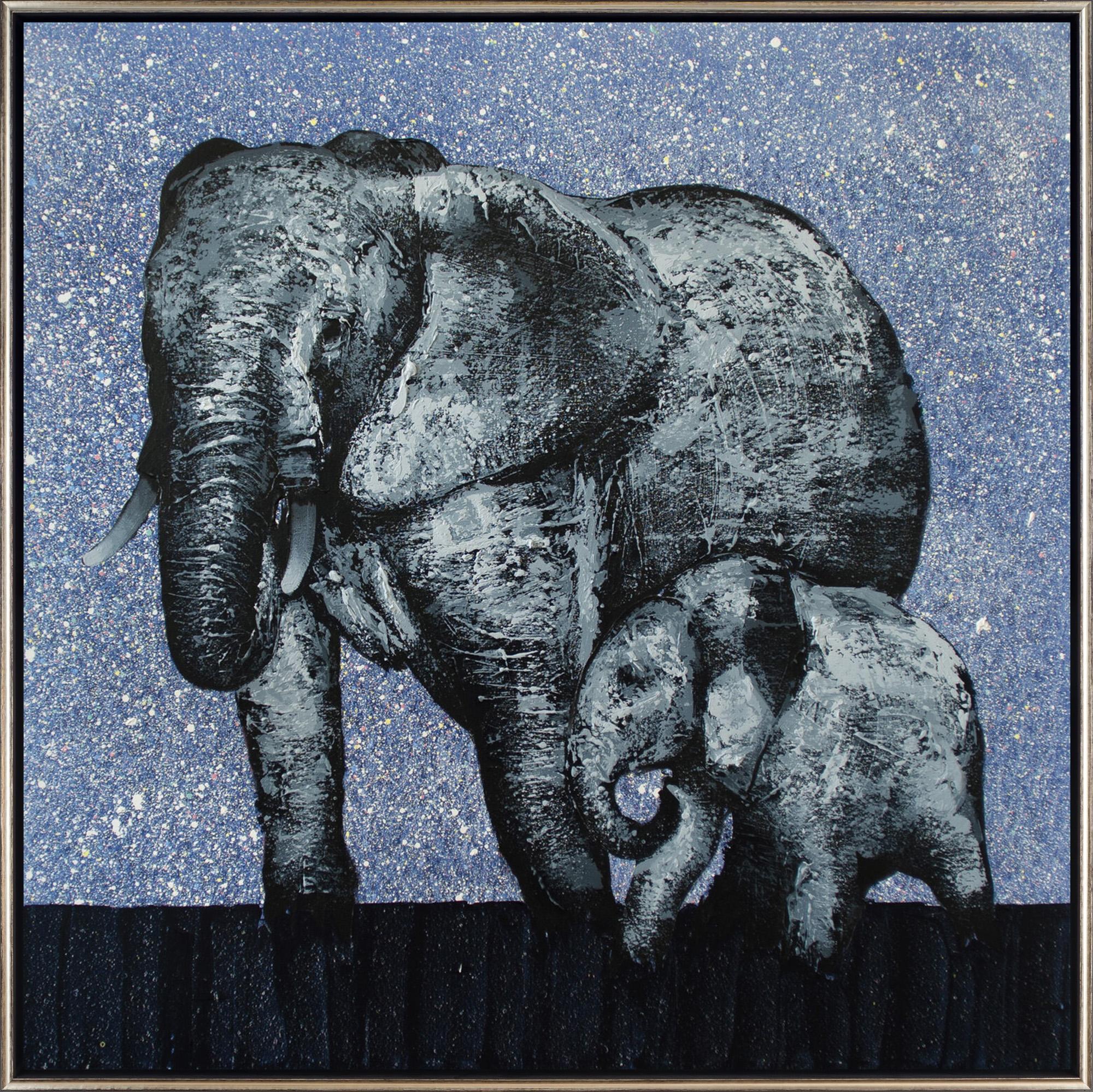 "Elephants" Contemporary Animal Oil and Acrylic on Canvas Framed Painting