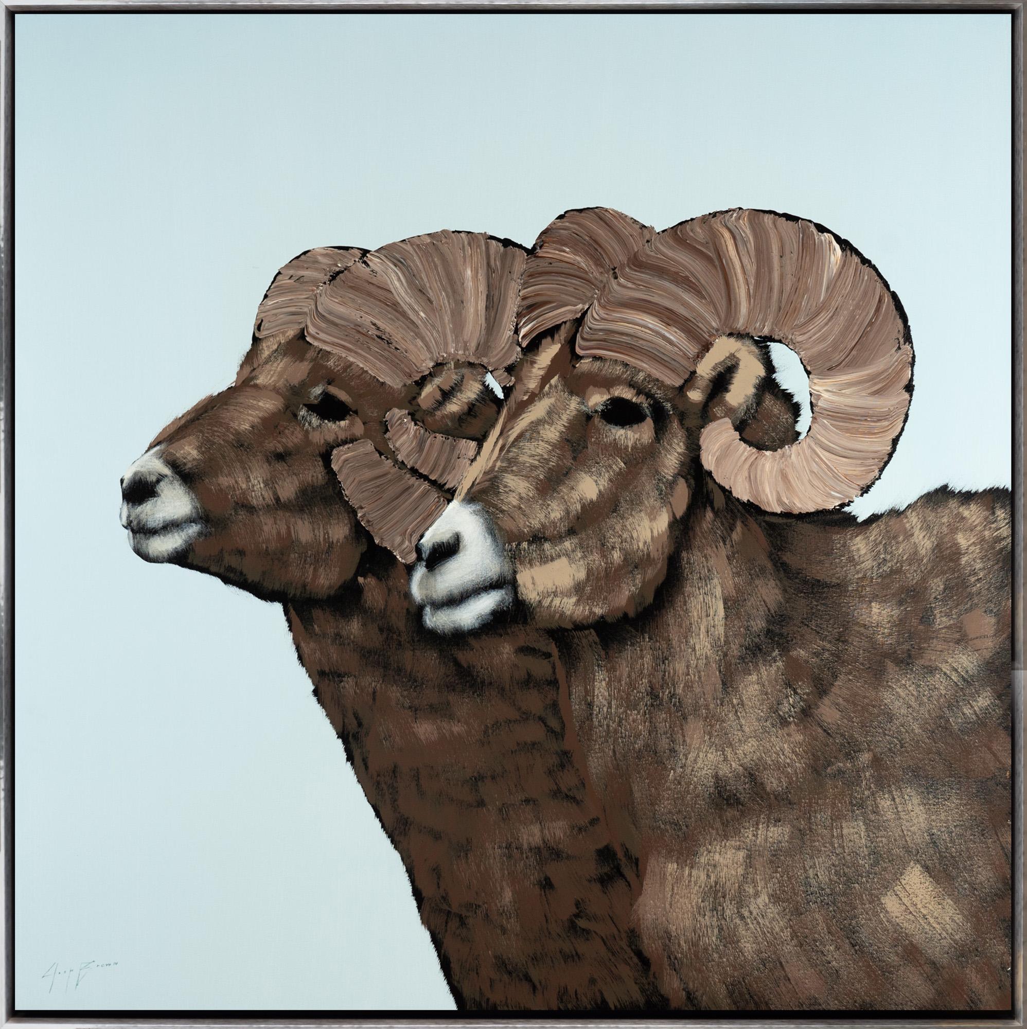 Joshua Brown Animal Painting - "Two Rams on Blue" Contemporary Animal Oil and Acrylic on Canvas Framed Painting