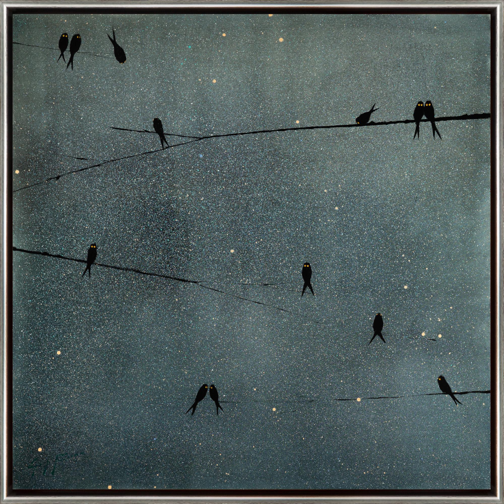 Joshua Brown - "Birds on Jungle" Bird Silhouettes on Dark Splatter Effect  Background For Sale at 1stDibs