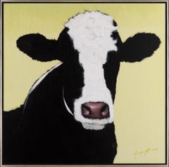 "Cow 1" Painterly Cow Portrait with Great Texture on Yellow Background