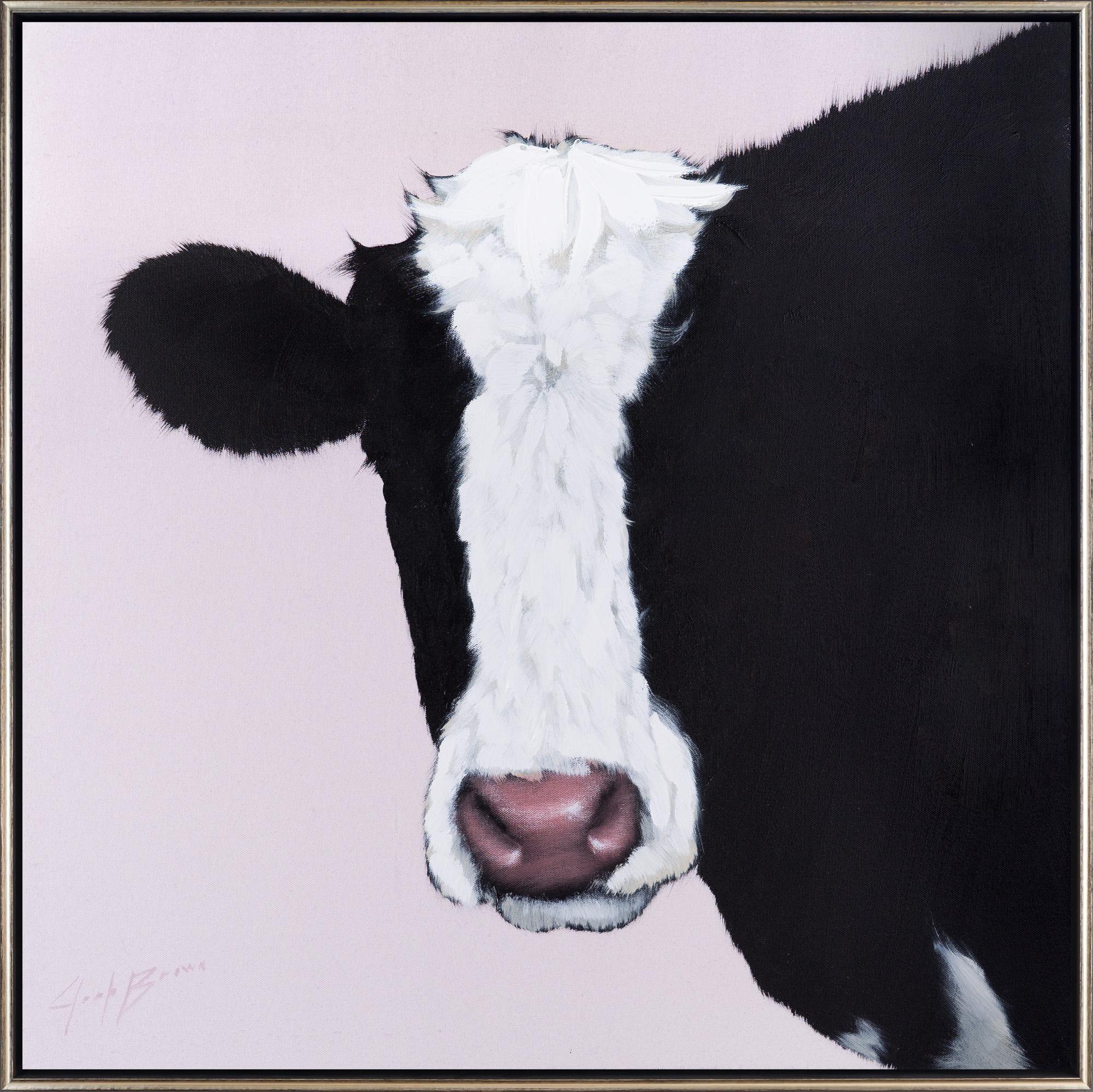 "Cow 2" Portrait d'animal contemporain Huile et acrylique sur toile Peinture encadrée