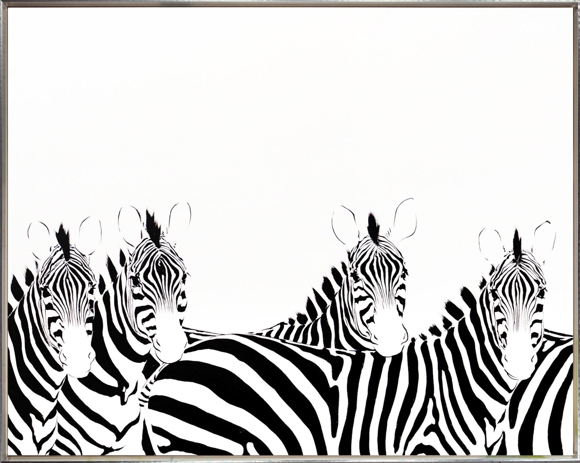 "Five Nearly Camouflaged Zebra" Contemporary Acrylic on Canvas Framed Painting