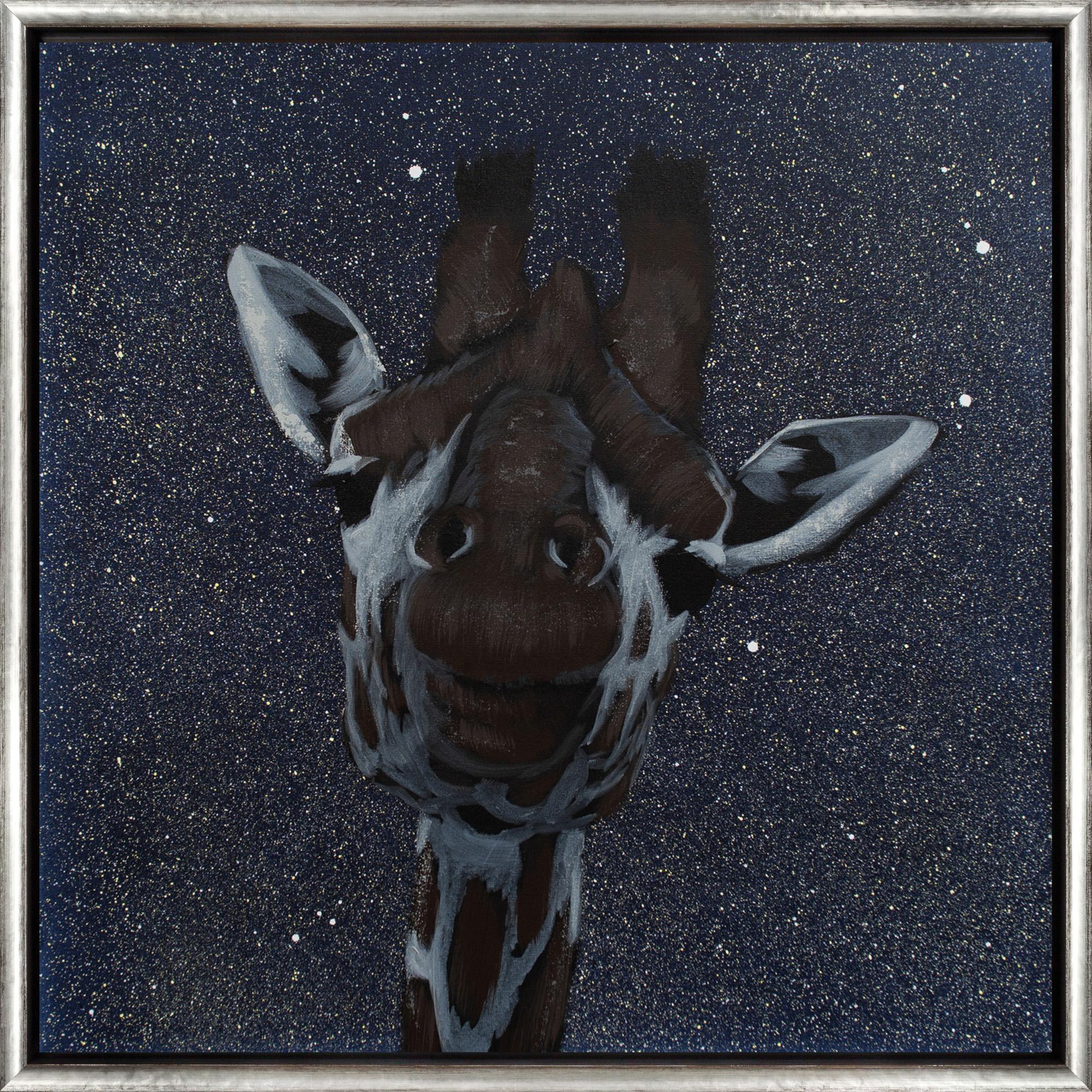 "Giraffe On Night" is a framed oil and acrylic work on canvas by Joshua Brown, depicting a giraffe's head looking directly at the viewer. This playful painting features painterly brushstrokes that evoke the texture of the cow's fur amidst a