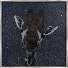 "Giraffe on Night" Contemporary Animal Oil & Acrylic on Canvas Framed Painting