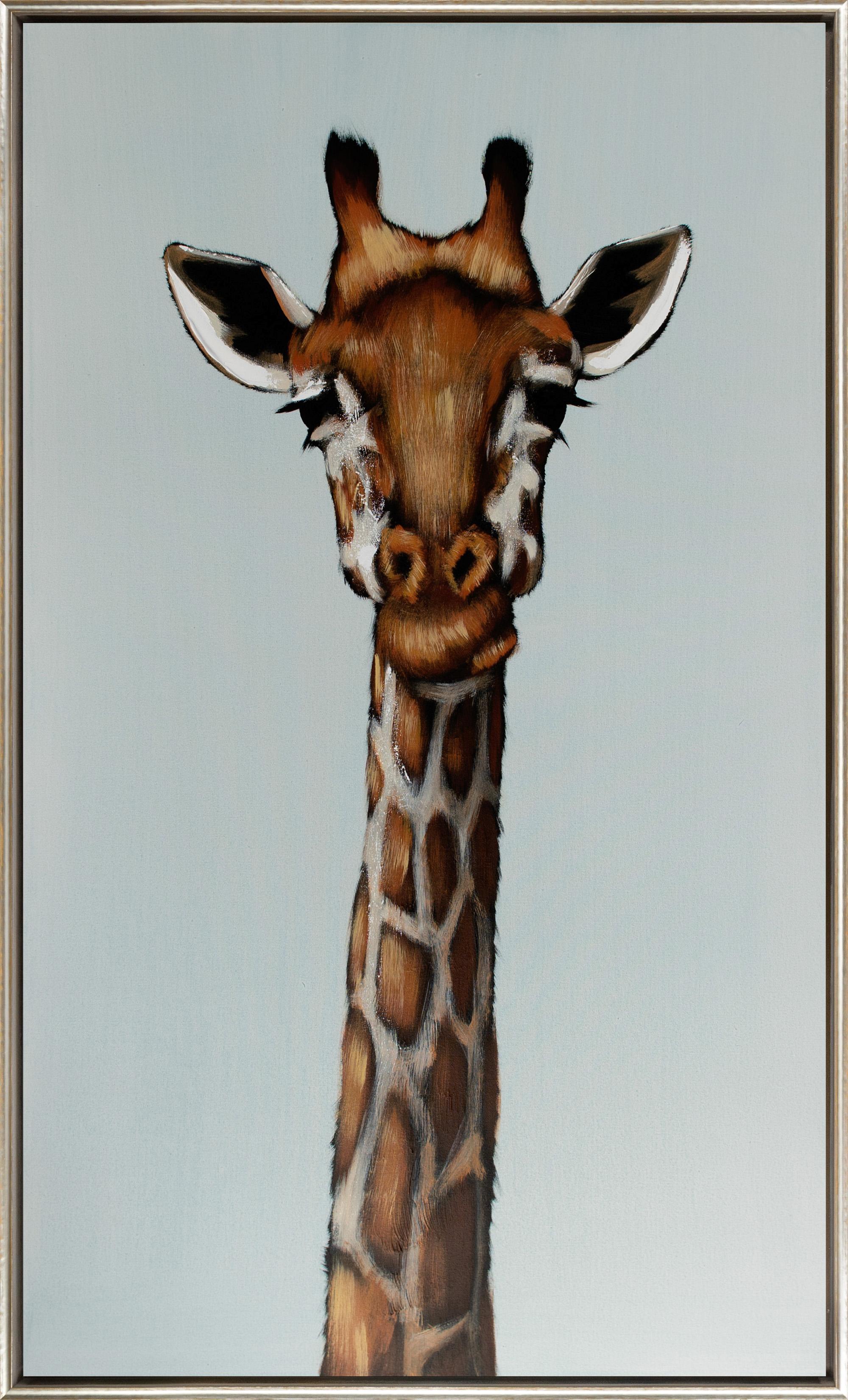 Joshua Brown Animal Painting - "Giraffe on Teal" Contemporary Animal Portrait Oil & Acrylic on Canvas Painting