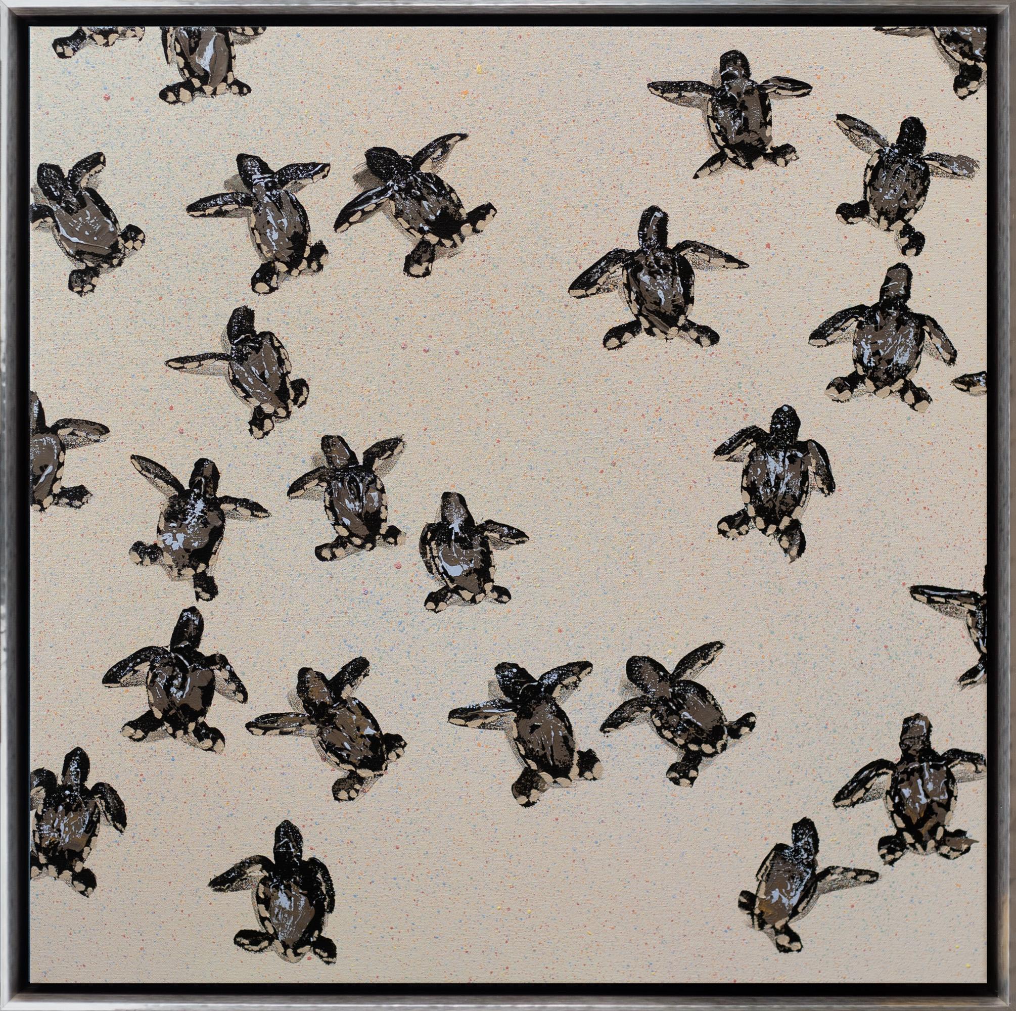 "Sea Turtles 3" Peinture contemporaine d'animaux à l'huile et à l'acrylique sur toile encadrée
