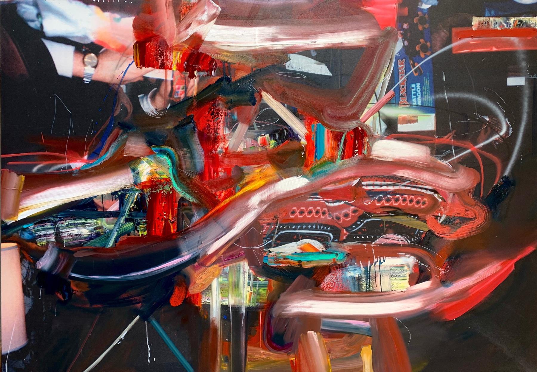 Joshua Dildine Abstract Painting - Sweater Battle Wagon, Oil and UV Coated Ink on Canvas Painting, 2019