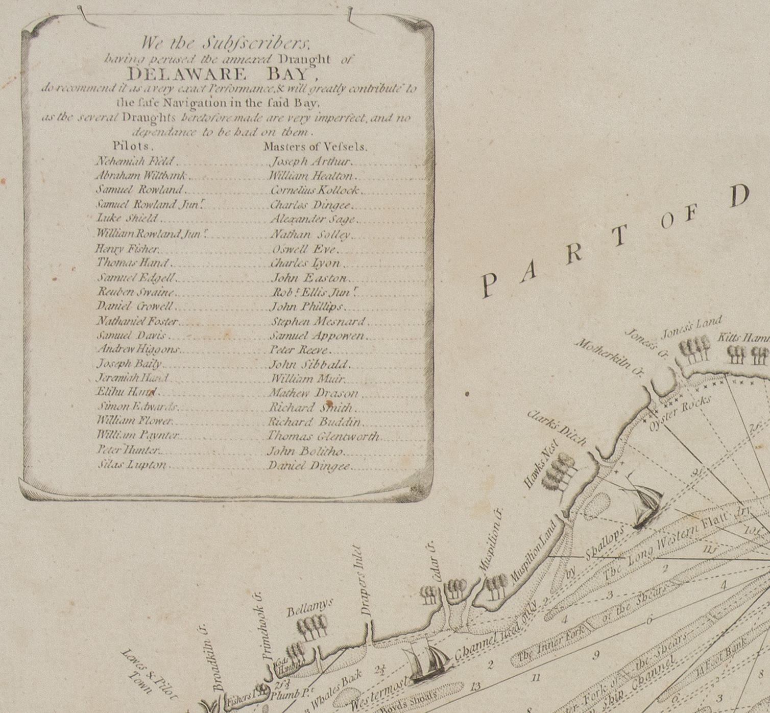 1776 Navigational chart/map of the Delaware bay and river including Philadelphia - Realist Print by Joshua Fisher