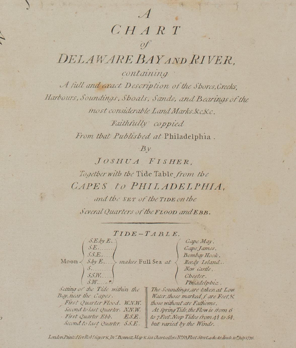 1776 Navigational chart/map of the Delaware bay and river including Philadelphia - Brown Print by Joshua Fisher