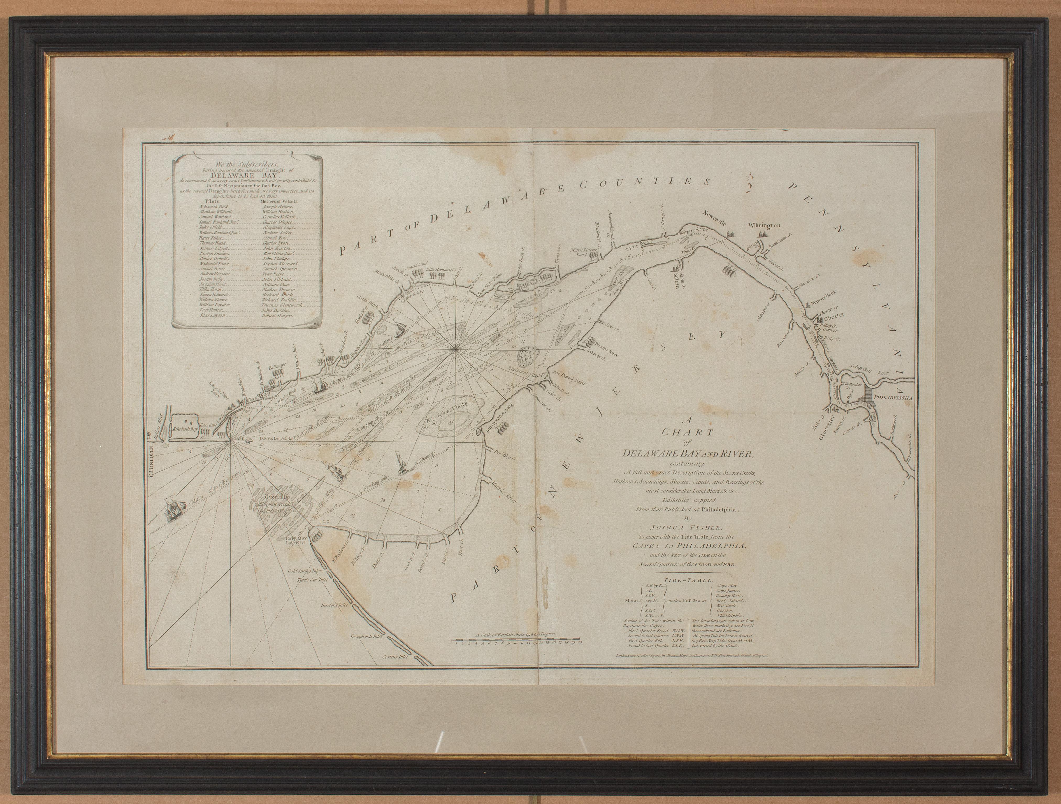 Carta di navigazione/mappa del 1776 della baia e del fiume Delaware, inclusa Filadelfia