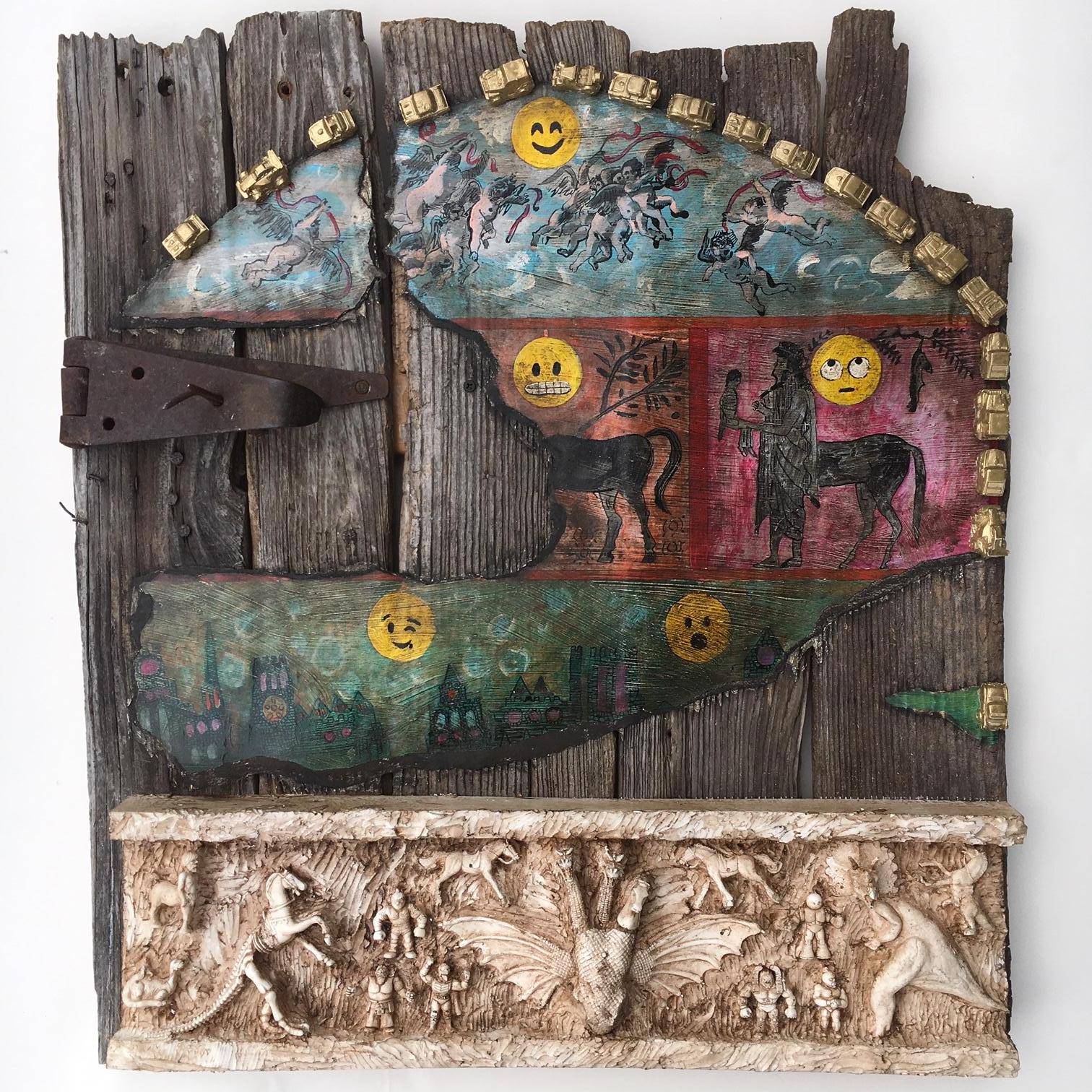 Peinture et sculpture sur une ancienne porte de grange : "The Riddle of the Horse" (L'énigme du cheval) - Mixed Media Art de Joshua Goode