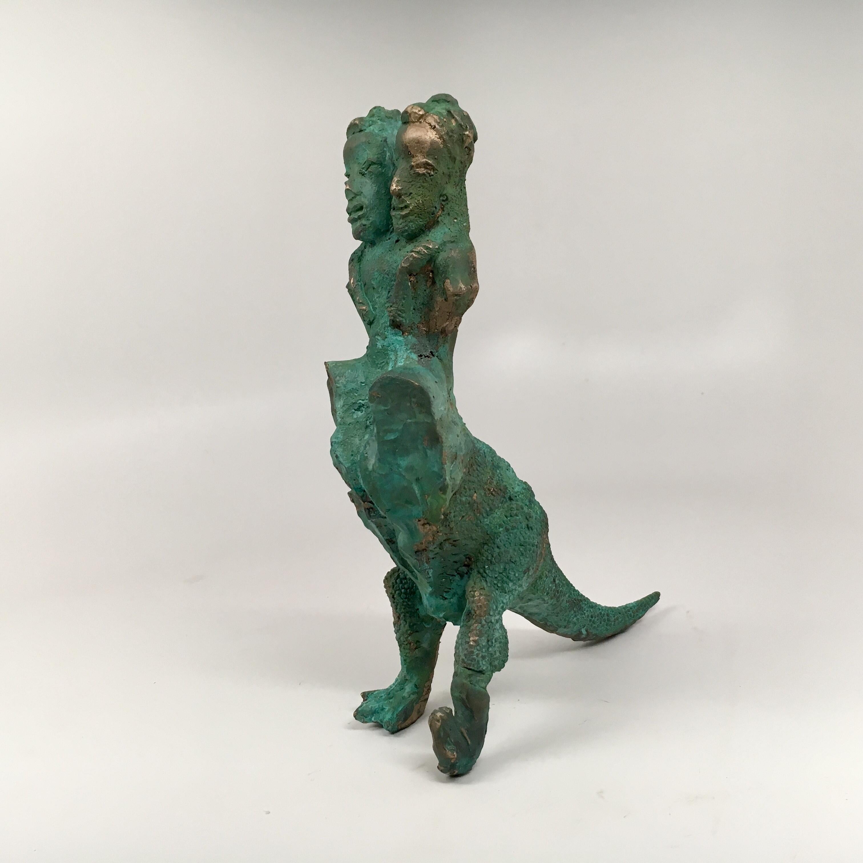 Joshua Goode Figurative Sculpture - Brass cast, patinead sculpture: 'Two Headed TRex'