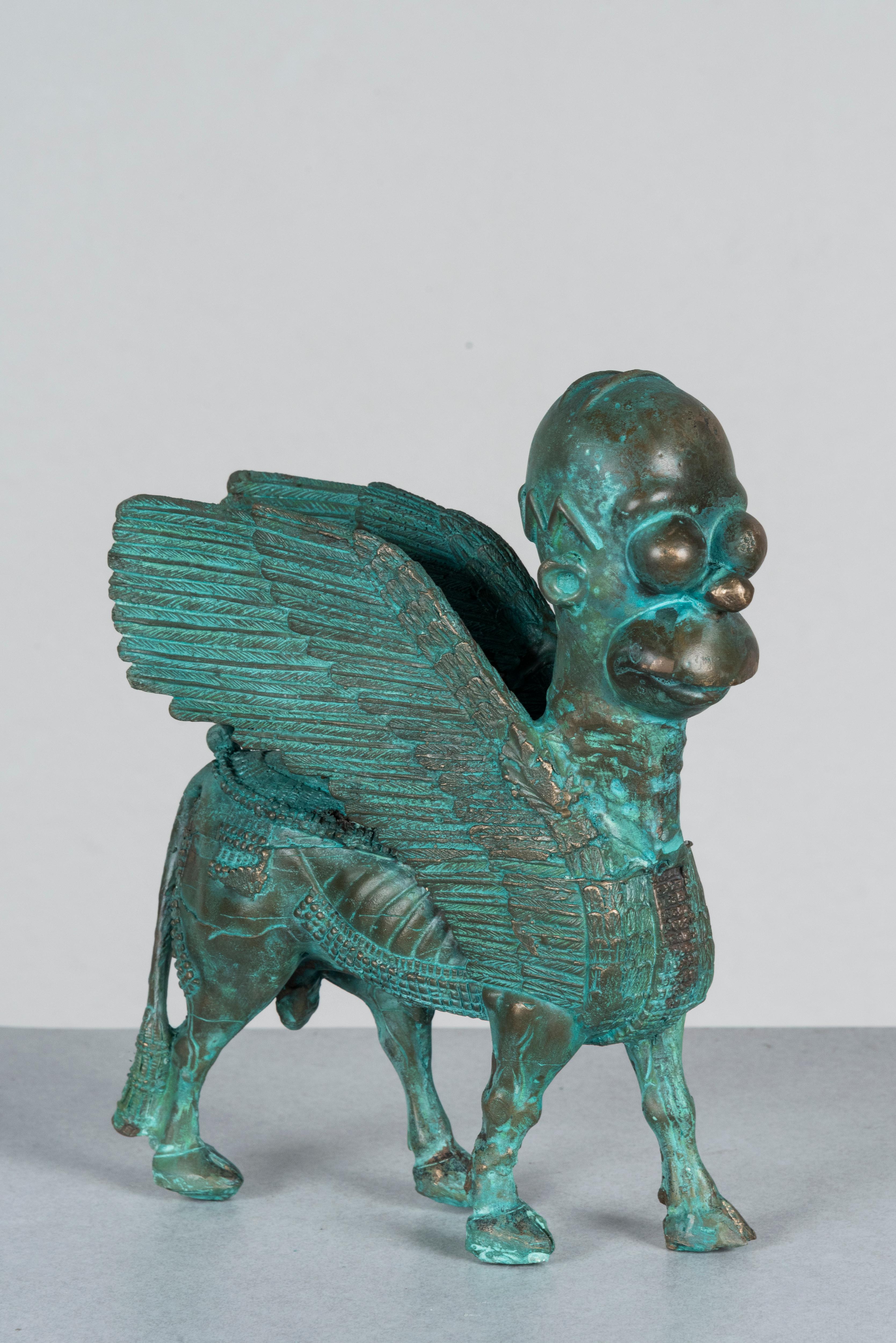 Joshua Goode Figurative Sculpture - Homer Simpson Bronze Statue: 'Homer Headed Winged Bull'