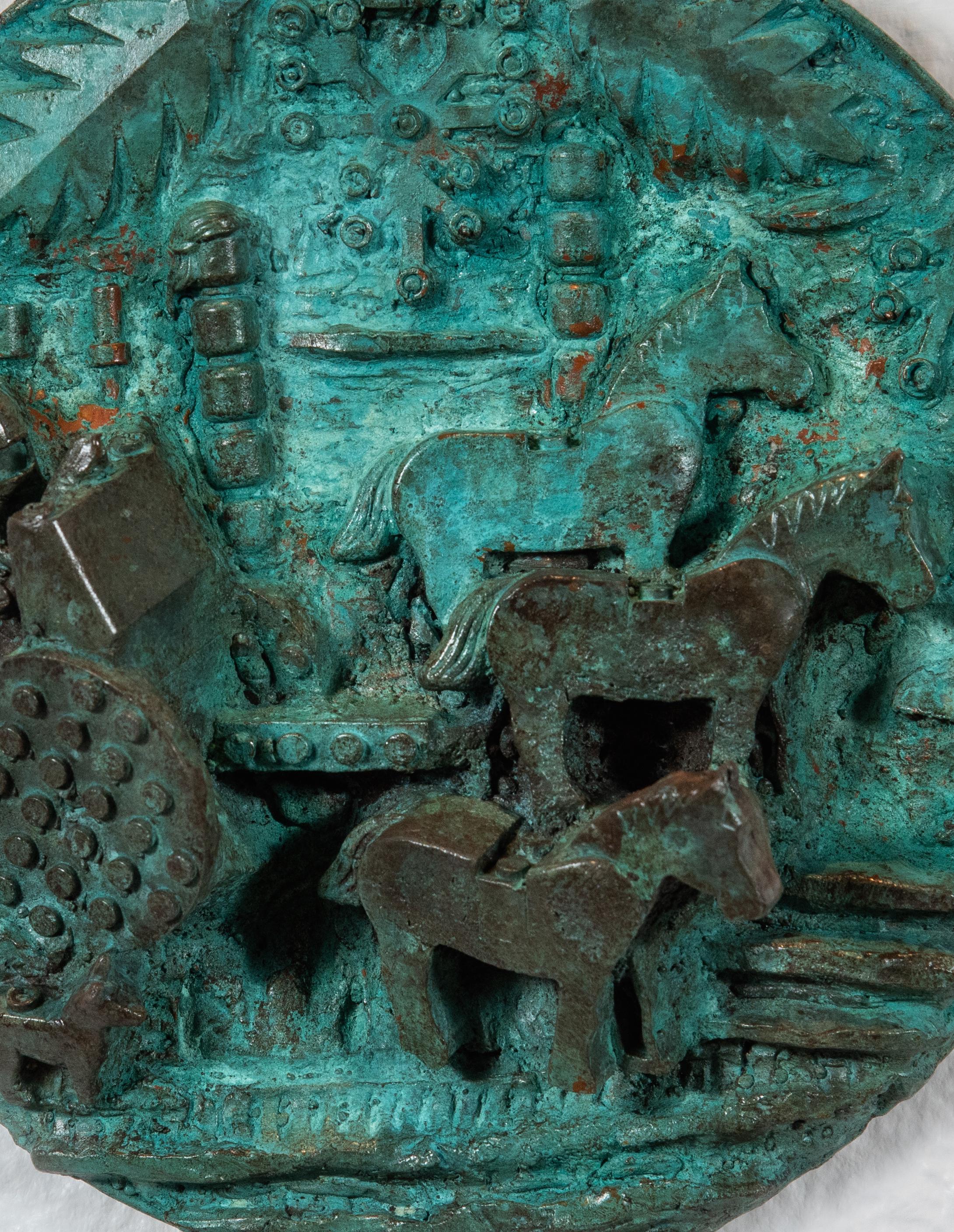 Bronzeskulptur: „Die Geburt des Einhorns TRex und der Herbst von Rhome Disc Four“ – Sculpture von Joshua Goode