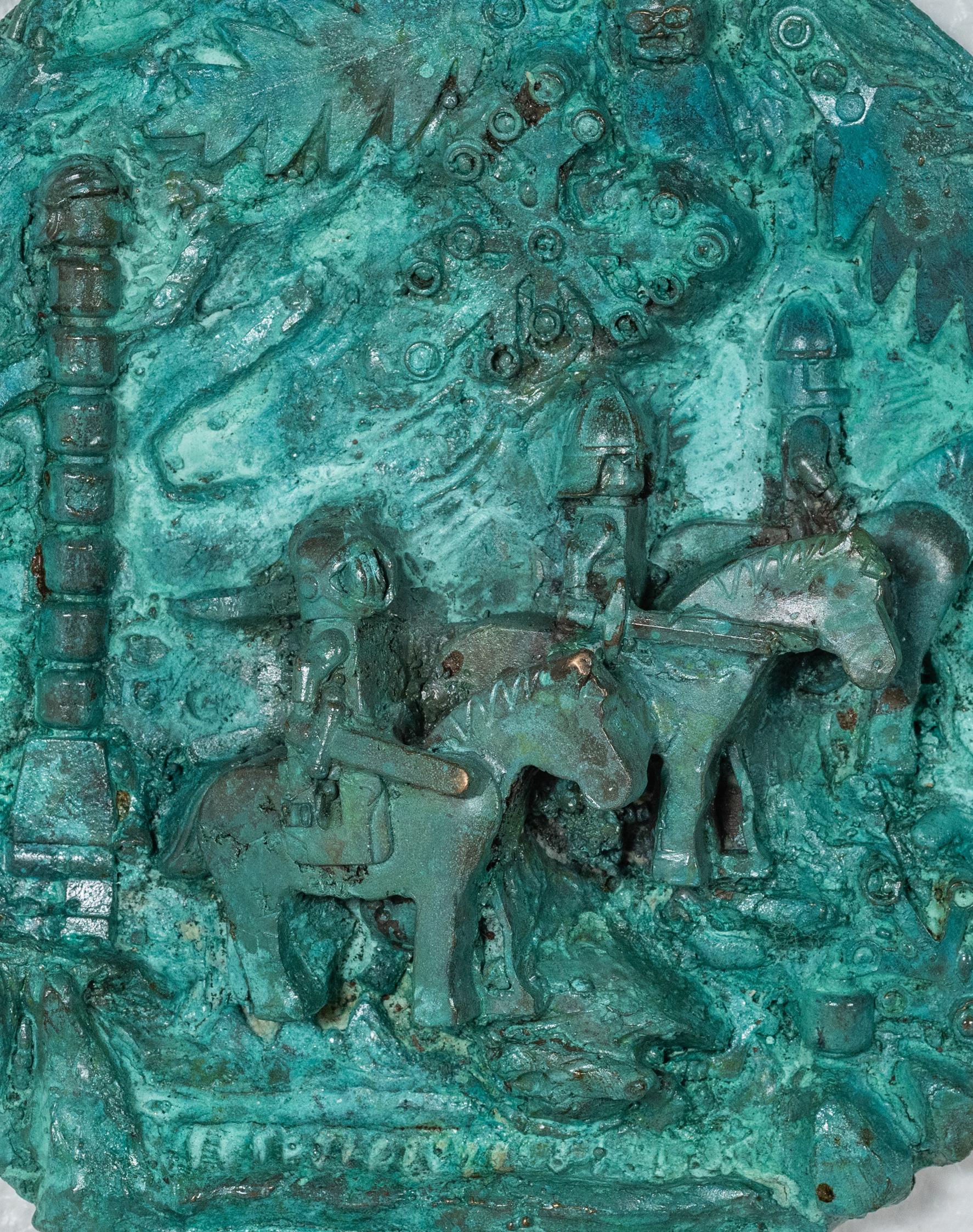 Bronzeskulptur: „Die Geburt des Einhorns TRex und der Herbst von Rhome Disc One“ – Sculpture von Joshua Goode
