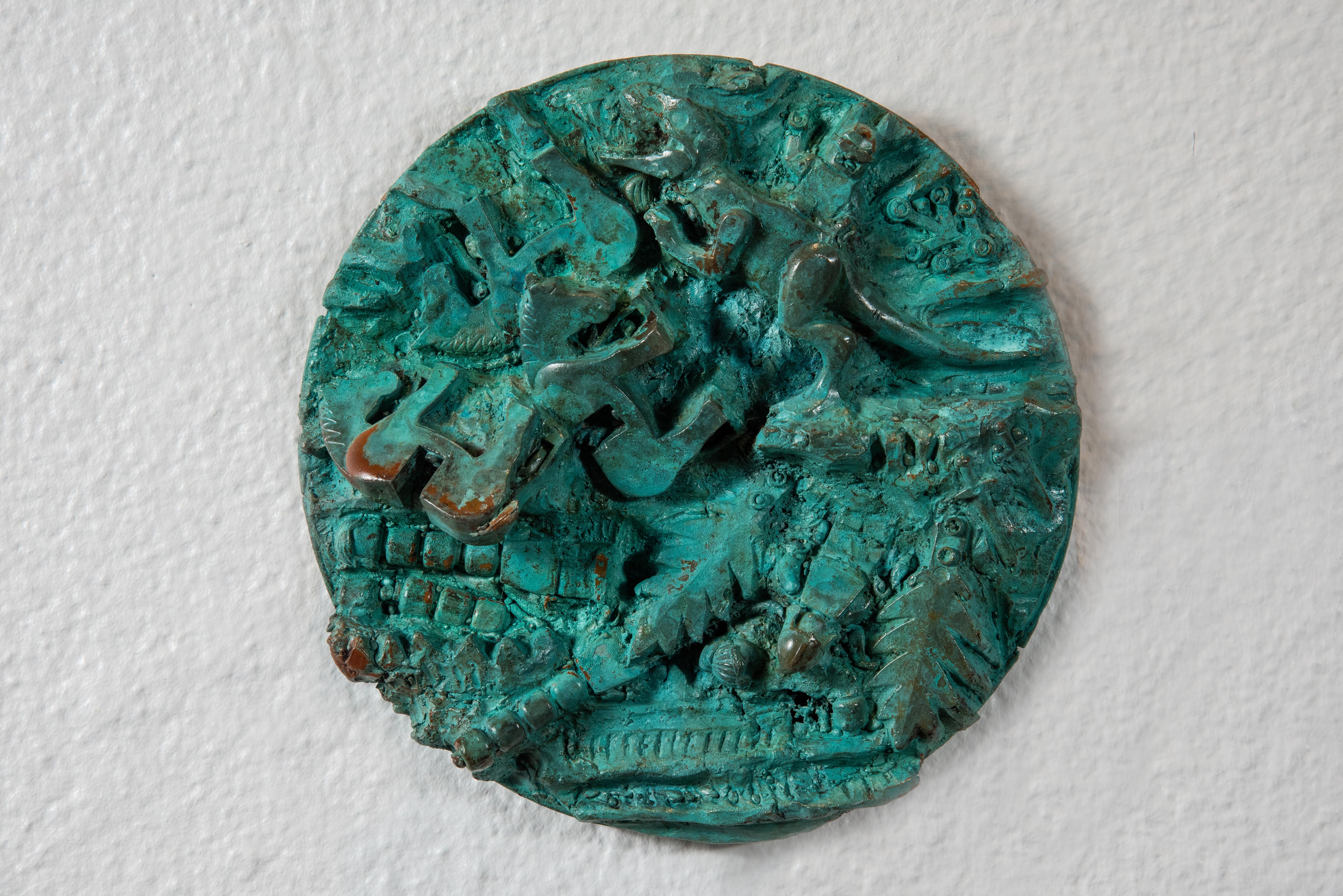 Joshua Goode Figurative Sculpture - Bronze Sculpture: 'The Birth of the Unicorn TRex and Fall of Rhome Disc Three'
