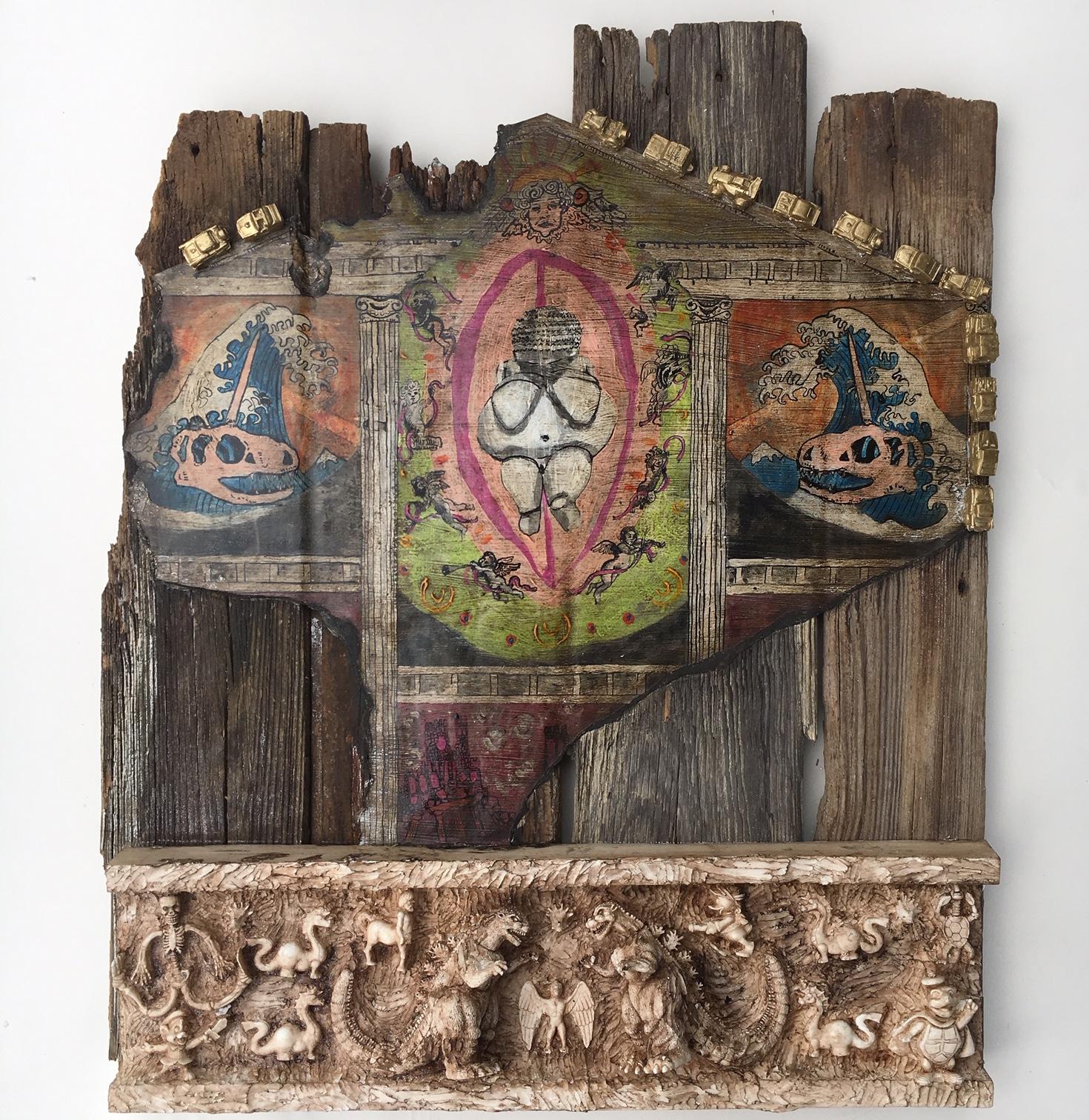 Moderne Kunsthandwerkliche Scheunentür mit Figuren und Tieren: „ Vogel von Rhomulus & Rhemus“