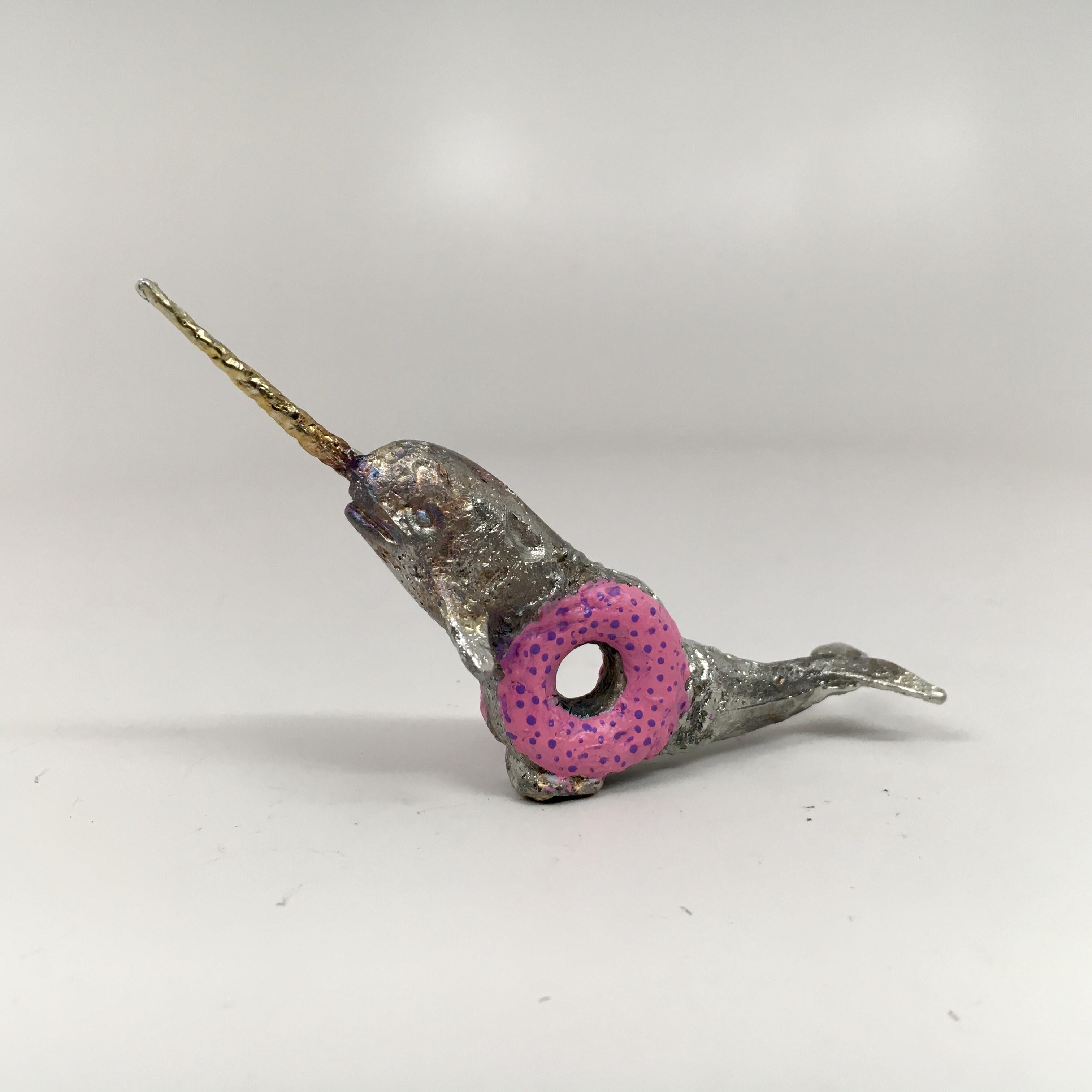Joshua Goode Figurative Sculpture - Pewter Sculpture: ''The Donut Narwhal'