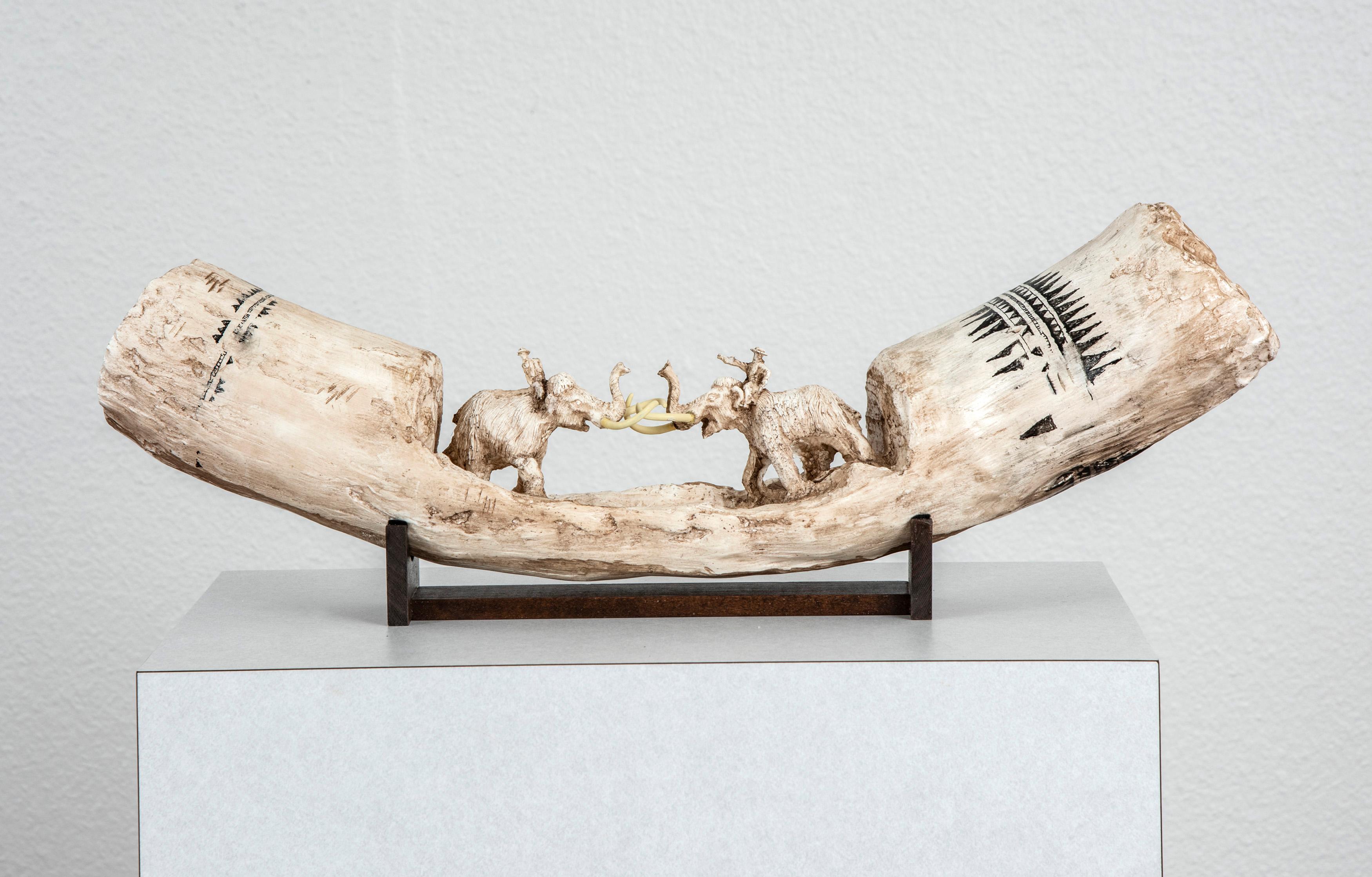 Joshua Goode Figurative Sculpture - Tusk Sculpture: 'Fighting Mammoths Carved Mammoth Tusk'