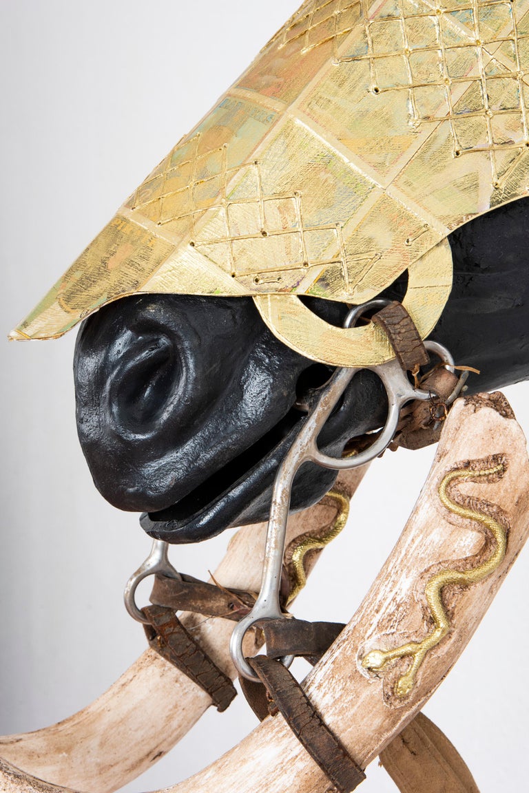 Horse Head Sculpture: 'Horse Head Armor with Carved Baby Mammoth Tusk Bridle' - Beige Still-Life Sculpture by Joshua Goode